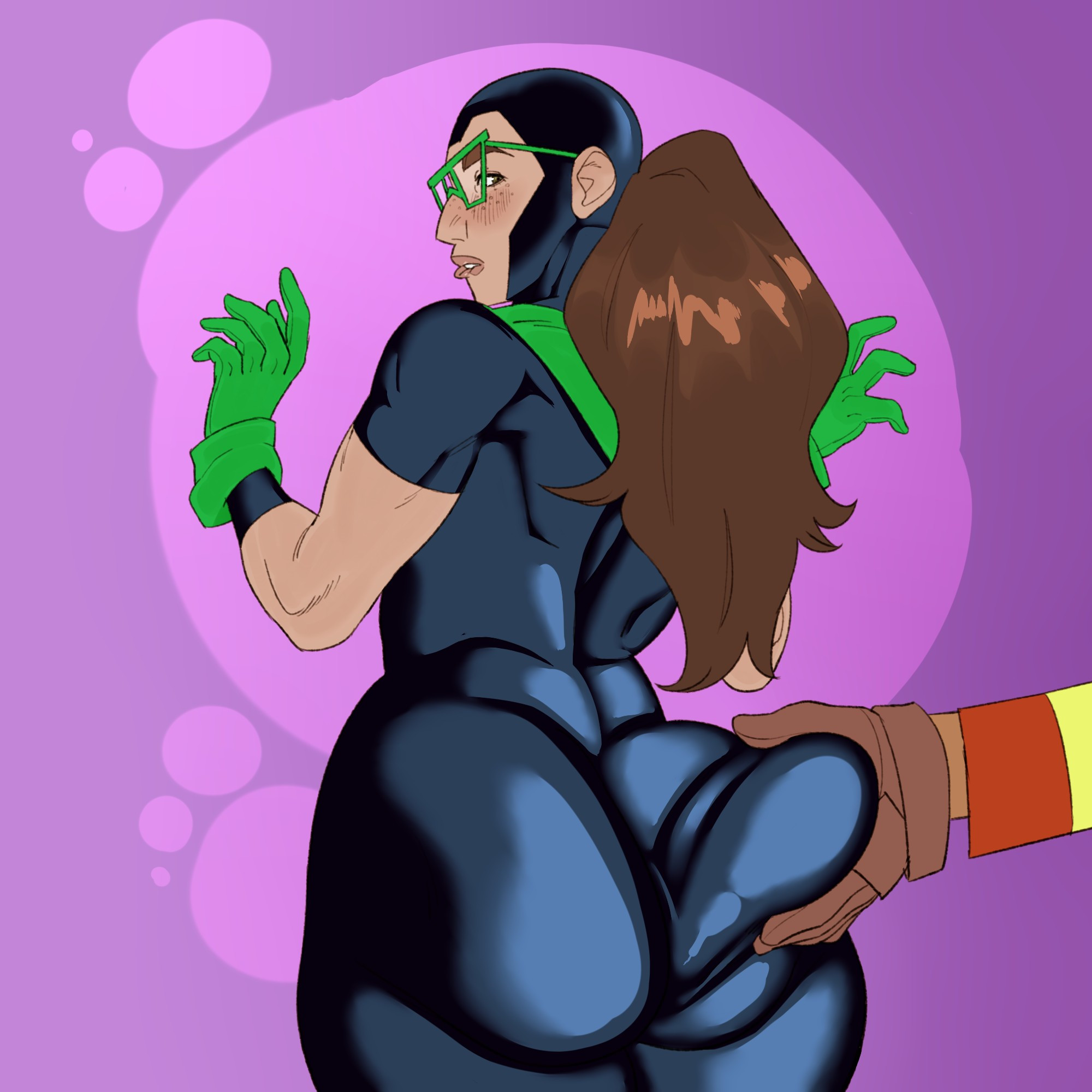 2d, 2d (artwork), ass, ass focus, ass grab, biting own lip, blush, female, glasses, groping ass, invincible, invincible (tv series), muscular, muscular female, rex splode, saddestbossista, shrinking rae, spandex, squeezing butt, surprised expression