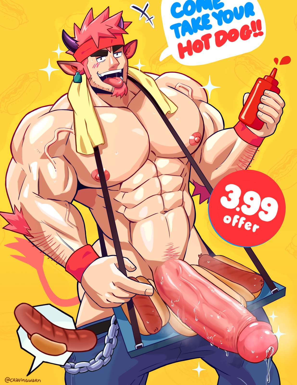 1boy, abs, arm hair, artist name, bara, biceps, food, hot dog, male, male focus, male only, muscular, muscular arms, muscular chest, muscular male, nipples, pecs, penis, solo, solo male, text, tongue, warncraving, yaoi