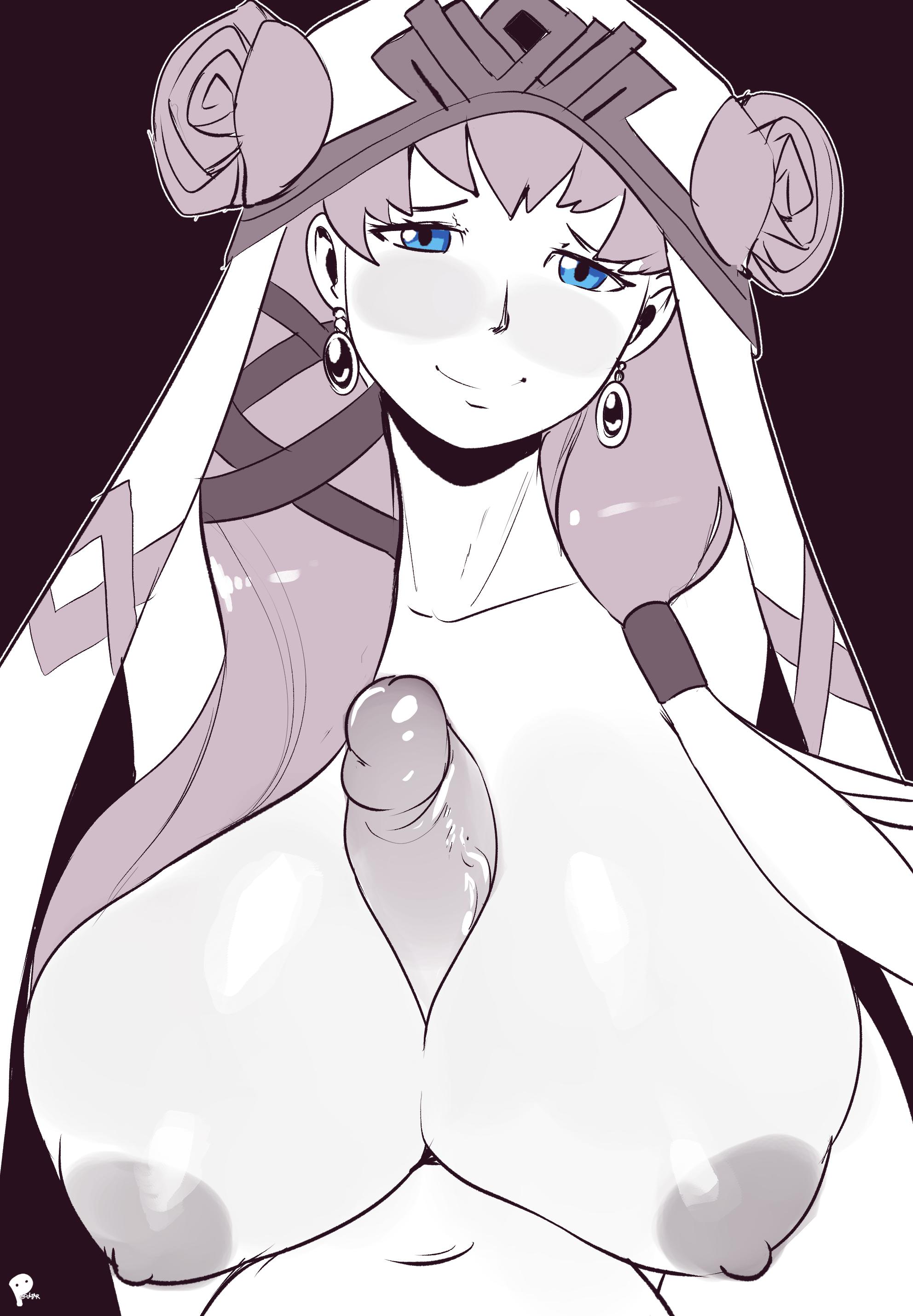 1boy, 1girls, alternate breast size, big breasts, big penis, blue eyes, breasts, female, fire emblem, fire emblem heroes, gunnthra (fire emblem), happy, happy paizuri, happy sex, huge breasts, large breasts, male, monochrome, nintendo, paizuri, peculiart, penis, straight