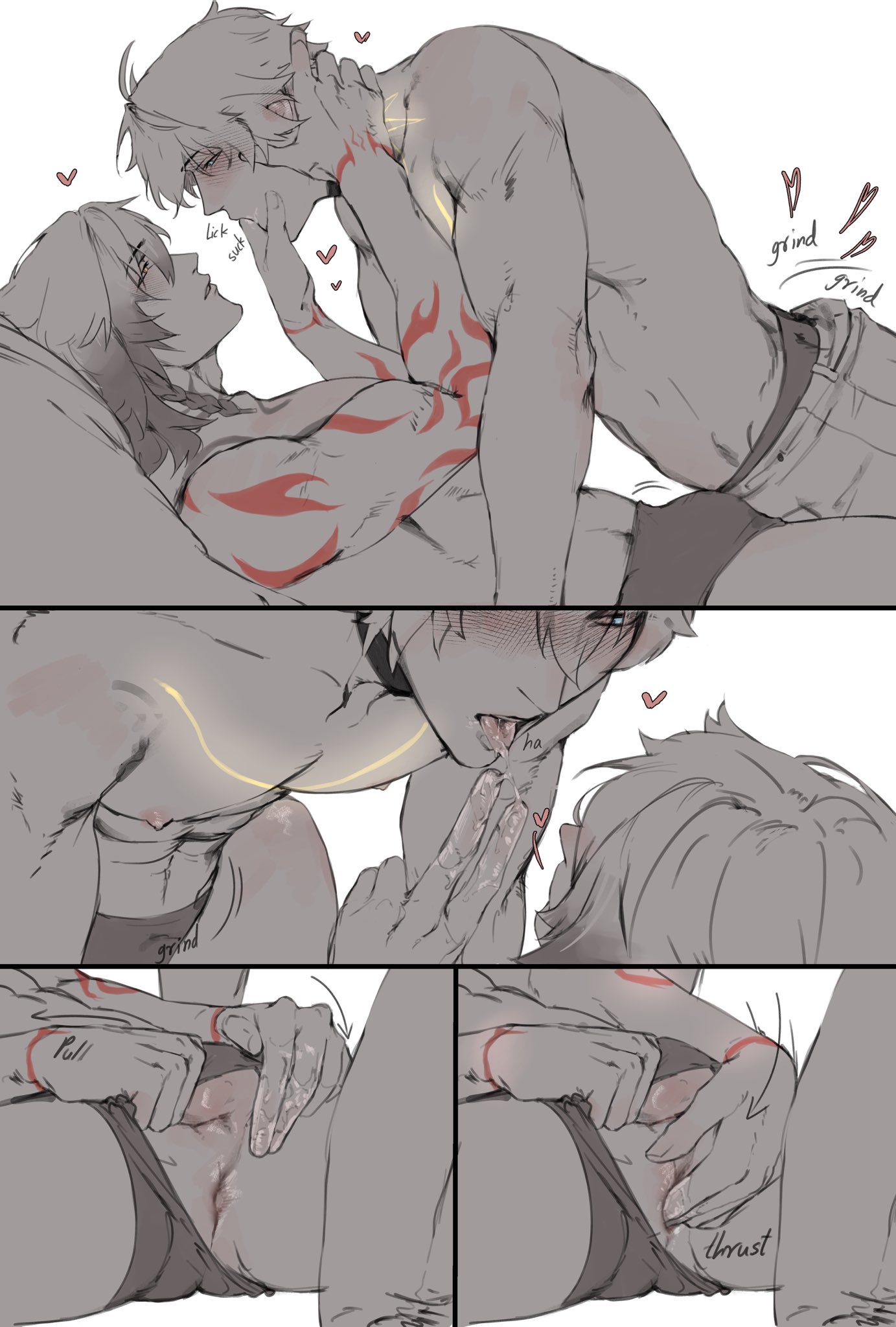 2boys, anal fingering, dry humping, echoei3, finger sucking, fingering, frottage, frotting, gay, grinding, honkai: star rail, male, male only, mydei (honkai: star rail), partially clothed, phaidei (honkai: star rail), phainon (honkai: star rail), saliva, shirtless, underwear aside, yaoi