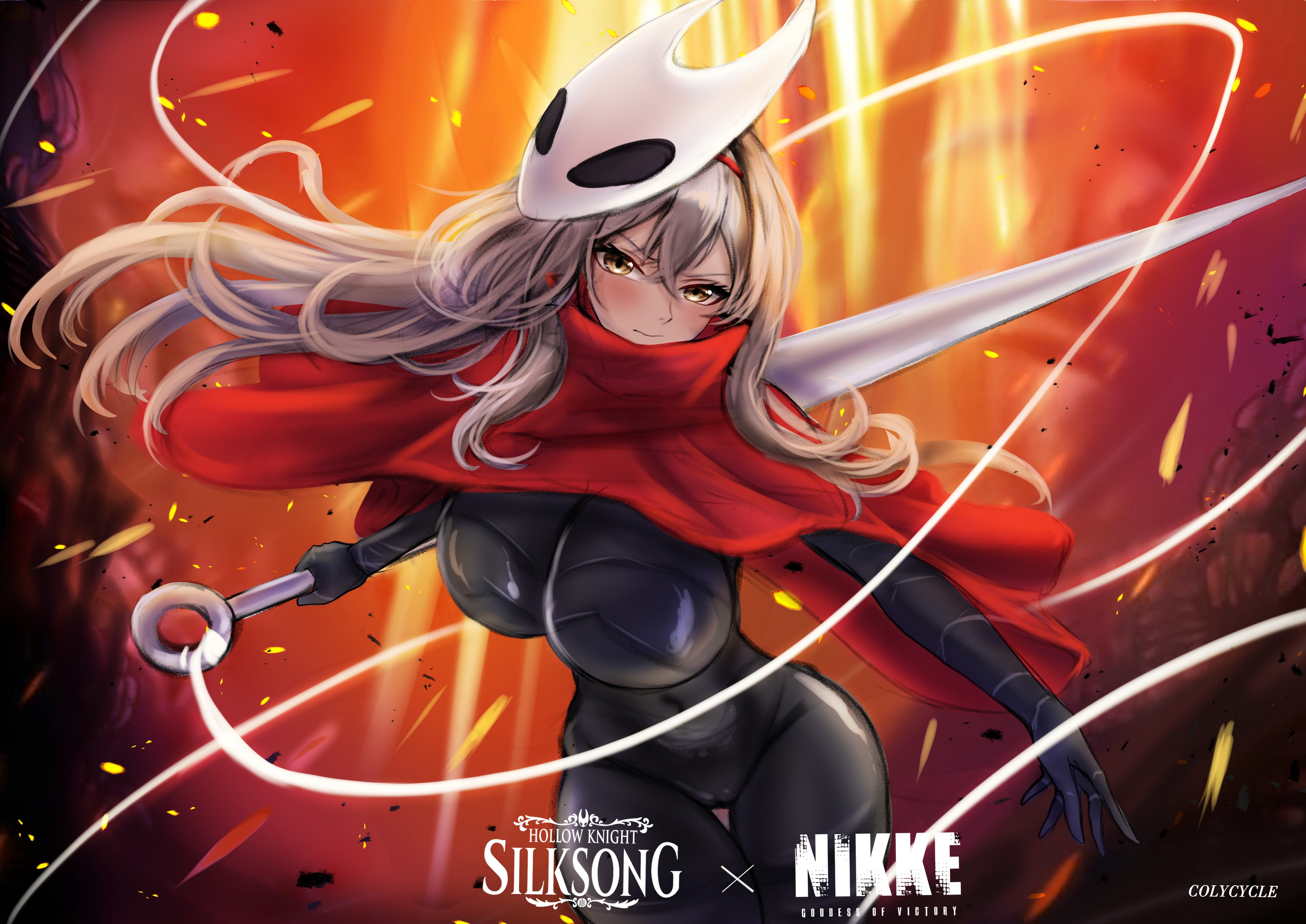 1girls, big breasts, black bodysuit, black latex, bodysuit, breasts, cameltoe, colycycle, cosplay, female, female only, goddess of victory: nikke, hollow knight, hollow knight: silksong, hornet (hollow knight) (cosplay), huge breasts, jpeg, large breasts, latex, latex clothing, latex suit, logo, long hair, nikke, scarlet (nikke), silksong, solo, twitter, yellow eyes