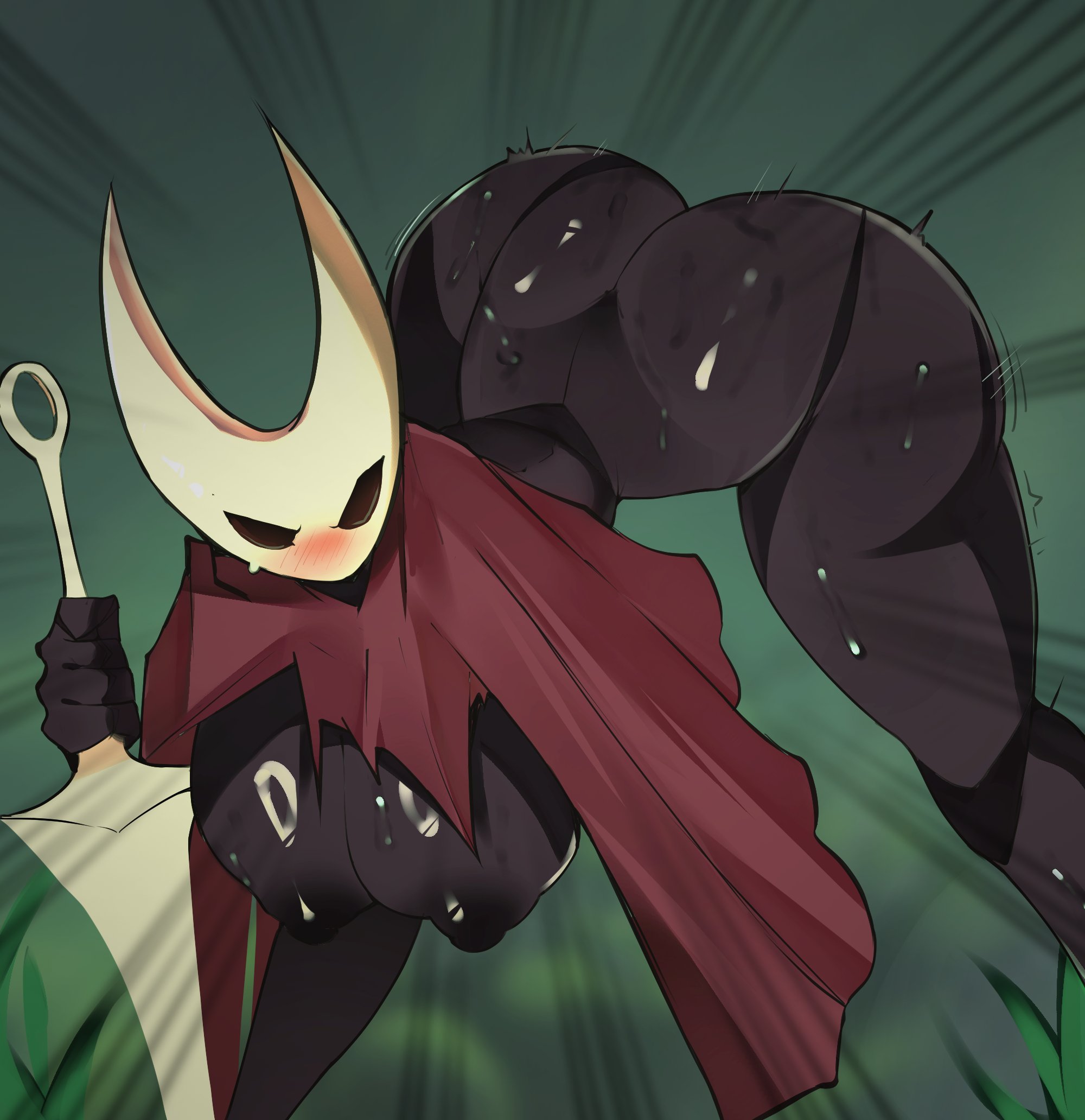 1girls, angry, anthro, areolae, arthropod, ass, bent over, big ass, big breasts, black body, blush, breasts, bug girl, cloak, cloak only, female, hollow knight, hollow knight: silksong, hornet (hollow knight), hoshoidk, needle, nipples, sweat, tagme