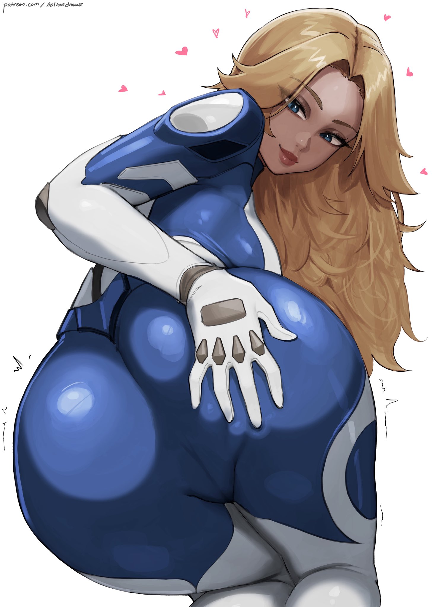 1girls, aelion draws, artist name, ass, bent over, blonde hair, blue eyes, bodysuit, cameltoe, eyelashes, eyeshadow, fantastic four, female, female only, fully clothed, grabbing own ass, hand on own ass, heart, highres, invisible woman, invisible woman (marvel rivals), kneeling, lips, long hair, looking at viewer, looking back, makeup, marvel, marvel comics, marvel rivals, patreon username, solo, sue storm, tight clothing, two-tone bodysuit