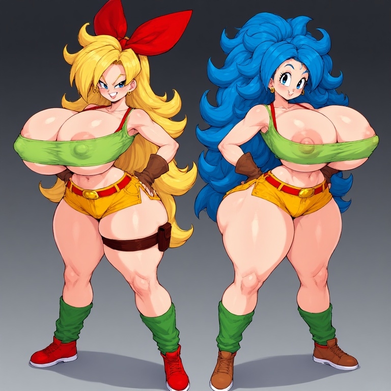 2girls, ai generated, bad launch, belt, blonde, blonde female, blonde hair, blonde hair female, blue eyes, blue eyes female, breasts, cameltoe, cleavage, curly hair, curvy, dragon ball, erect nipples, female, gigantic breasts, gloves, good launch, huge areolae, huge ass, launch, lunch (dragon ball), nai diffusion, puffy nipples, ribbon, srimbievil58, stable diffusion, thick lips, very long hair, voluptuous, wide hips, yellow hair