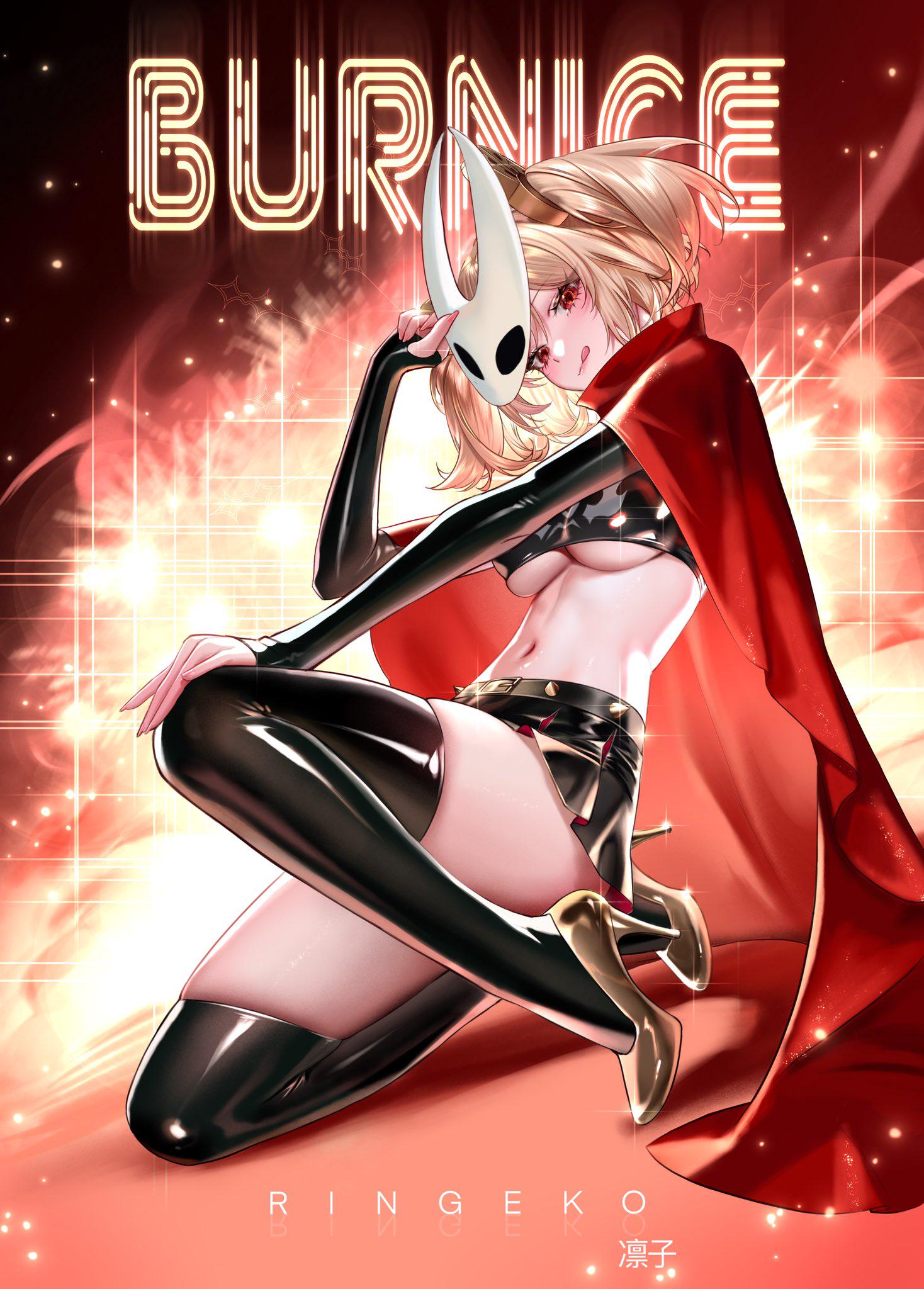2d, 2d (artwork), absurd res, artist name, burnice white, cape, color, colored, digital media (artwork), explosion, female, female only, full body, hand on knee, heels, hi res, hollow knight, hollow knight: silksong, hornet (hollow knight) (cosplay), latex, latex clothing, latex skirt, latex stockings, mask, midriff, on one knee, red cape, ringeko chan, ringeko-chan, short skirt, silksong, tongue out, zenless zone zero