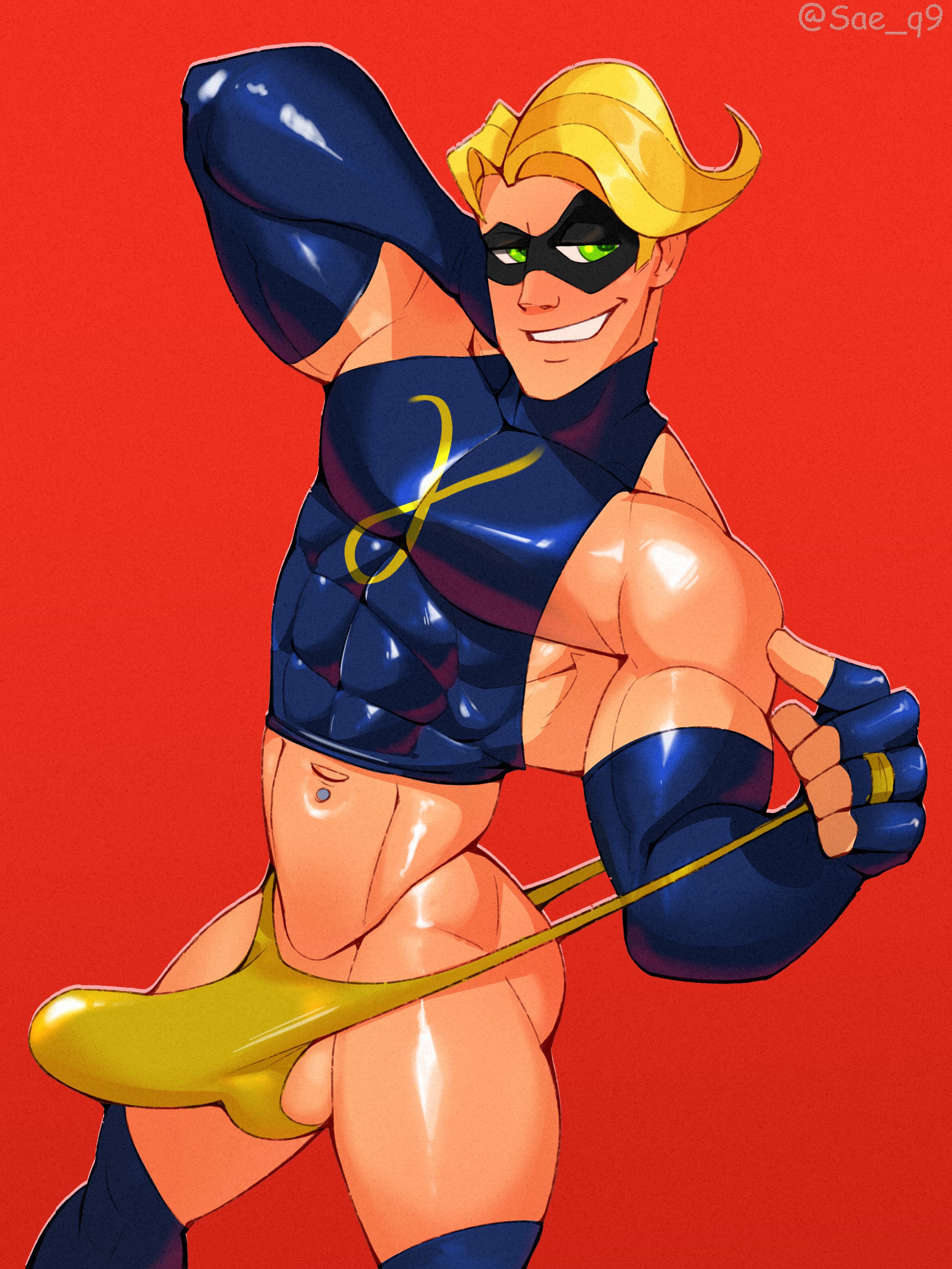 1boy, artist name, bara, bulge, gamma jack, gay, gay male, male, male focus, male only, muscular, muscular male, sae q9, simple background, solo, solo male, the incredibles, thong, yaoi