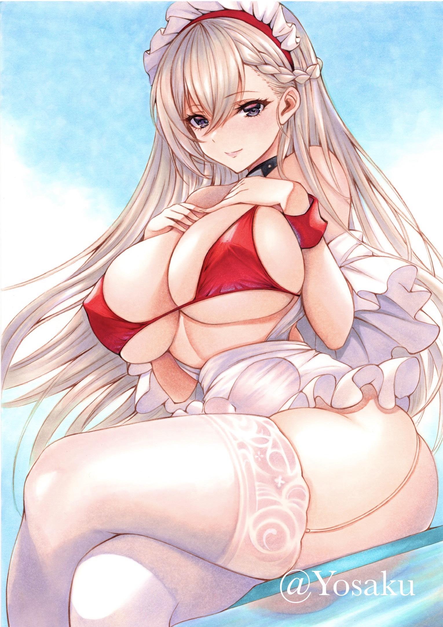 apron, azur lane, bare shoulders, belfast (azur lane), belfast (blissful service) (azur lane), bikini, bikini top only, blue eyes, blush, braid, breasts, cg, choker, cleavage, collar, collarbone, crossed legs, female, french braid, frills, garter straps, hair between eyes, hands on own chest, large breasts, long hair, looking at viewer, maid, maid headdress, red bikini, sitting, smile, solo, swimsuit, thighhighs, thighs, traditional media, twitter username, white apron, white hair, white thighhighs, wrist cuffs, yosaku vs hina