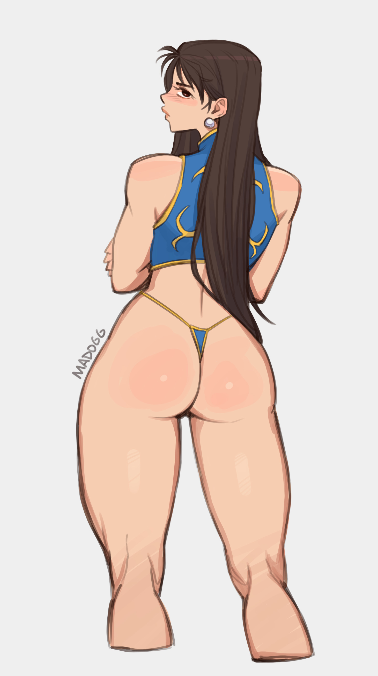 1girl, absurdres, alternate hairstyle, artist name, ass, ass focus, back, bare shoulders, bikini, blush, brown eyes, brown hair, capcom, chun-li, closed mouth, clothing, commentary, crop top, cropped legs, crossed arms, earrings, female, from behind, grey background, hair down, highleg panties, highres, jewelry, kneepits, long hair, looking at viewer, looking back, madogg, no pants, panties, pearl earrings, simple background, slap mark, sleeveless, solo, standing, street fighter, street fighter zero (series), string panties, swimsuit, thick thighs, thighs, thong, thong bikini, underwear