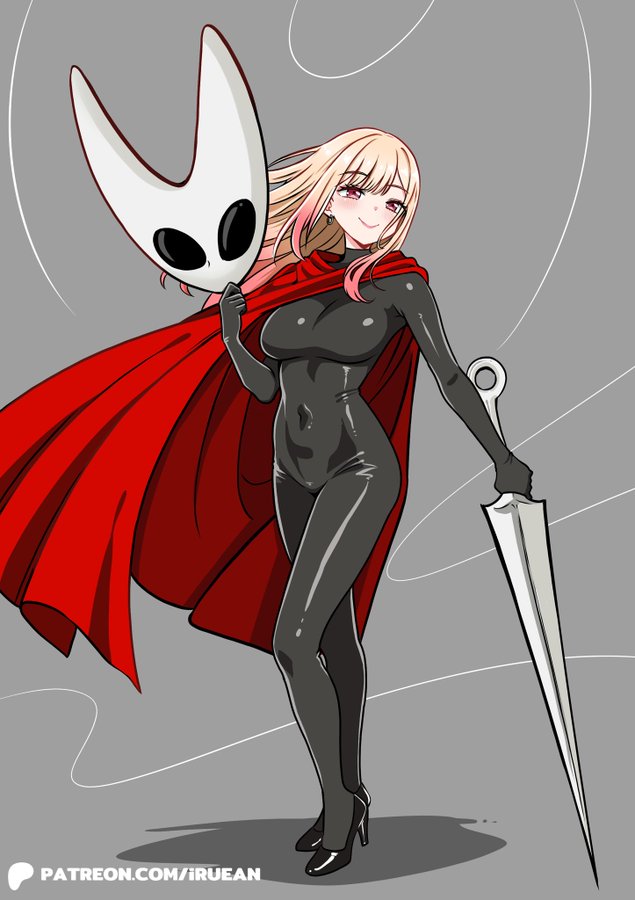 1girls, black bodysuit, black latex, blonde hair, bodysuit, breasts, cosplay, female, female only, gyaru, high heels, hollow knight, hollow knight: silksong, hornet (hollow knight) (cosplay), iruean, kitagawa marin, latex, latex clothing, latex suit, long hair, marin kitagawa, multicolored hair, my dress up darling, pink eyes, shiny clothes, silksong, smile, solo, sono bisque doll wa koi wo suru, standing, twitter