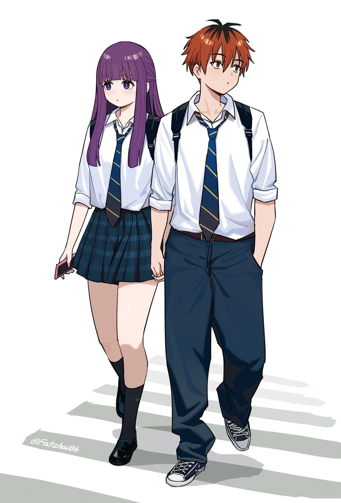 1boy, 1girls, fatzhai, female, fern (sousou no frieren), frieren beyond journey's end, holding hands, male, phone, purple hair, school uniform, sfw, sousou no frieren, stark (sousou no frieren)
