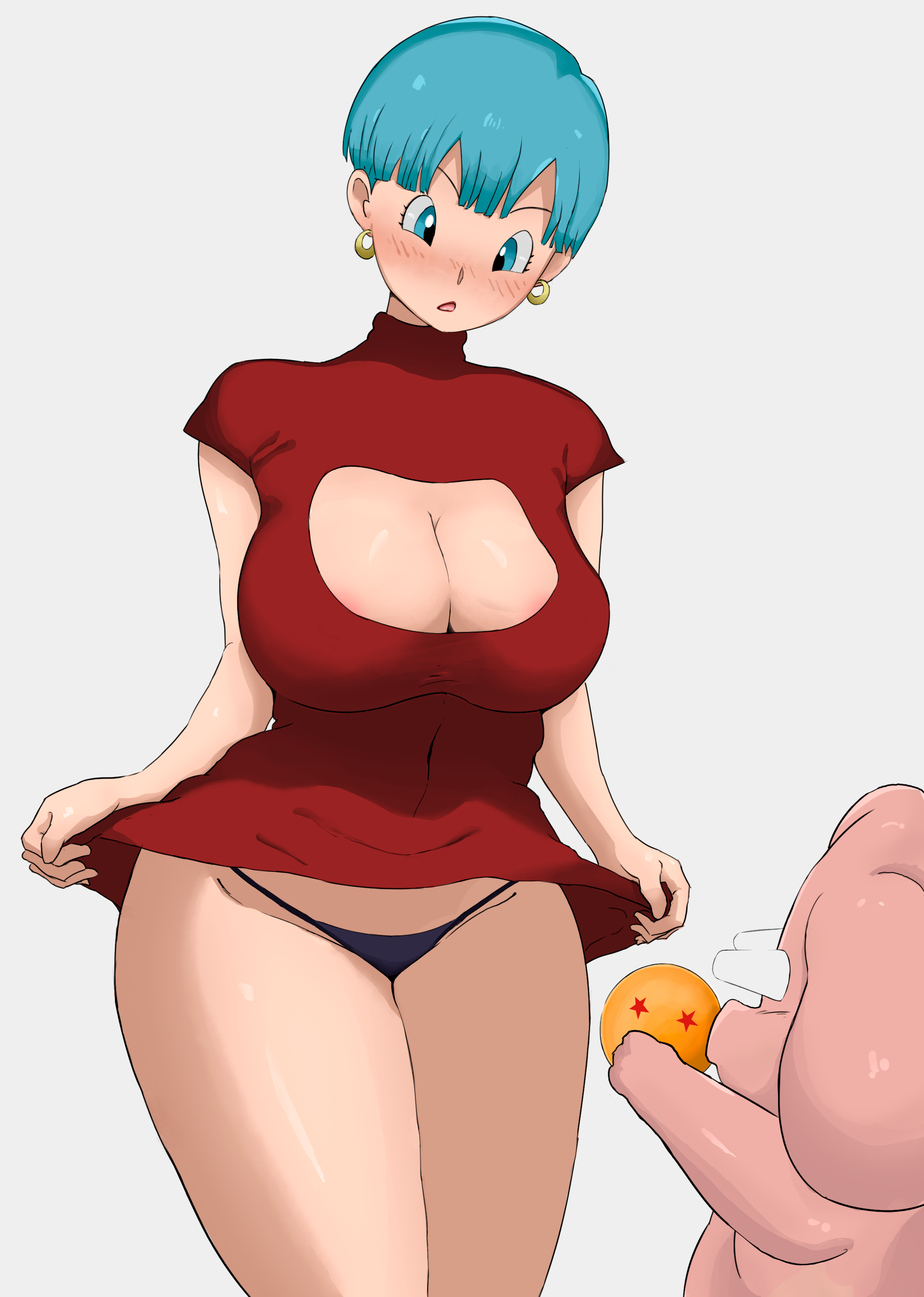 1boy, 1girls, absurdres, balls, breasts, bulma briefs, curvy, dragon ball, fat male, fat man, female, female focus, from behind, from side, highres, huge ass, huge breasts, large breasts, male, narrow waist, pig, pig boy, shounen jump, simple background, size difference, solo focus, tagme, taller female, thick thighs, thighs, ugly bastard, wide hips