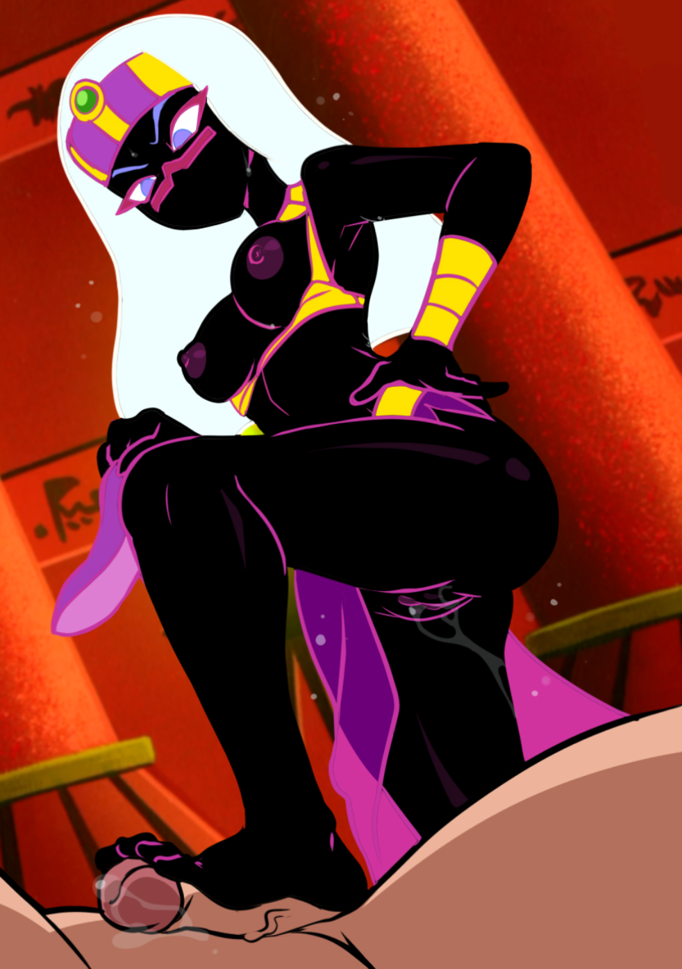 alien, black body, black skin, dripping pussy, duck dodgers, female, foot on penis, footjob, jcm2, looney tunes, male, mouthless, partial male, penis, precum, pussy, queen tyr'ahnee, standing on penis, white hair