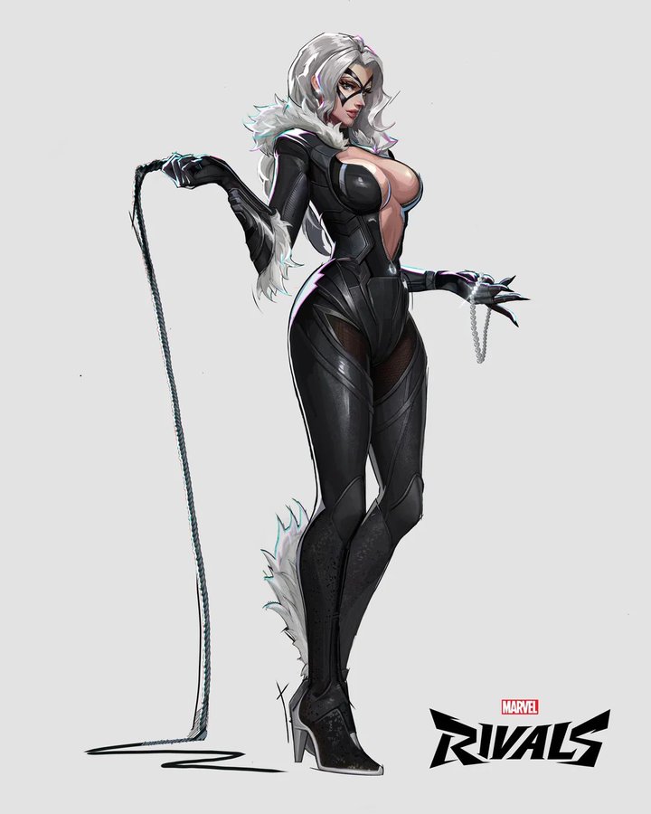 black cat (marvel), fan made, fanart, fanart from twitter, felicia hardy, female, light-skinned female, marvel, marvel comics, marvel rivals, reddit, spider-man (series), superheroine, whip, white hair