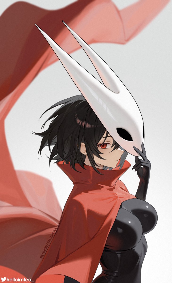 1girls, black bodysuit, black hair, bodysuit, female, female only, helloimtea, hollow knight, hollow knight: silksong, hornet (hollow knight) (cosplay), looking at viewer, mask, red cloak, red eyes, side profile, silksong, solo, twitter