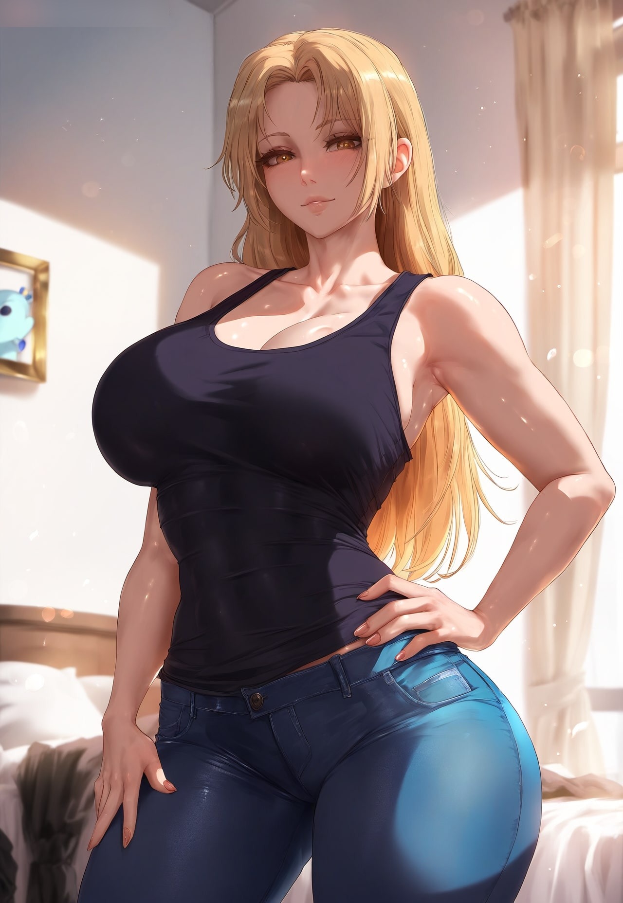1girls, ai generated, breasts, cleavage, female, huge breasts, jeans, jujutsu kaisen, klausherbert, light skin, light-skinned female, looking at viewer, smile, tank top, thick thighs, wide hips, yellow eyes, yellow hair, yuki tsukumo