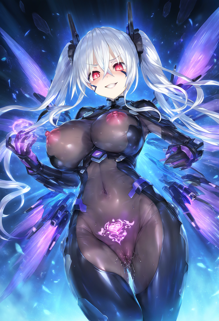 ai_generated alternate_costume big_breasts black_heart bodily_fluids bodysuit breasts corruption front_view goddess light_skin neptunia_(series) nepunep nipples noire pubic_tattoo pussy red_eyes see-through smile teeth twintails white_hair