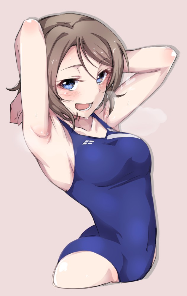 armpits, artist request, ass, blue eyes, breasts, brown hair, covered navel, female, heavy breathing, looking at viewer, love live!, love live! sunshine!!, medium breasts, one-piece swimsuit, open mouth, short hair, sideboob, smile, solo, source request, sweat, swimsuit, watanabe you