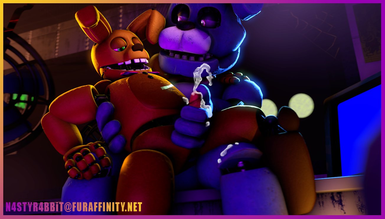 2boys animatronic bonnie_(fnaf) bowtie ejaculation five_nights_at_freddy's fnaf gay green_eyes jerking_off_another lagomorph looking_at_another looking_pleasured male_only n4styr4bbit open_mouth penis pink_eyes purple_body rabbit spring_bonnie spring_bonnie_(fnaf) yellow_body