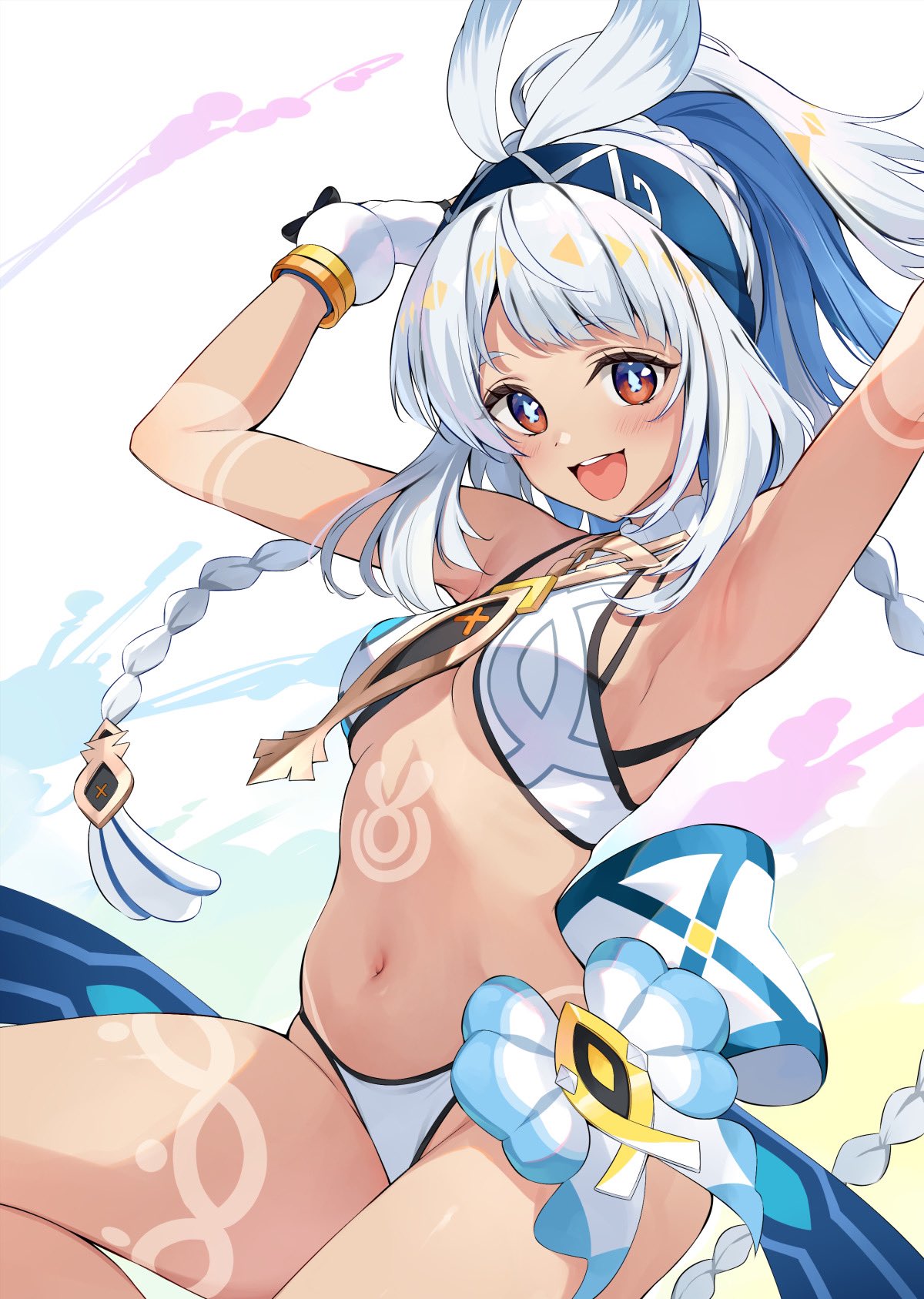 1girls armpit_fetish armpits belly belly_button bikini bikini_tan blue_hair blush cute cute_face cute_girl genshin_impact half_naked headwear hoyoverse long_hair mihoyo mualani_(genshin_impact) navel navel_cutout navel_fetish petite petite_body petite_female petite_girl red_eyes sideboob smile soft_belly sunburn symbol-shaped_pupils tan-skinned_female tan_body tan_skin tanline tanned tanned_body tanned_female tanned_girl tanned_skin tattoos white_hair wholesome yellow_halo