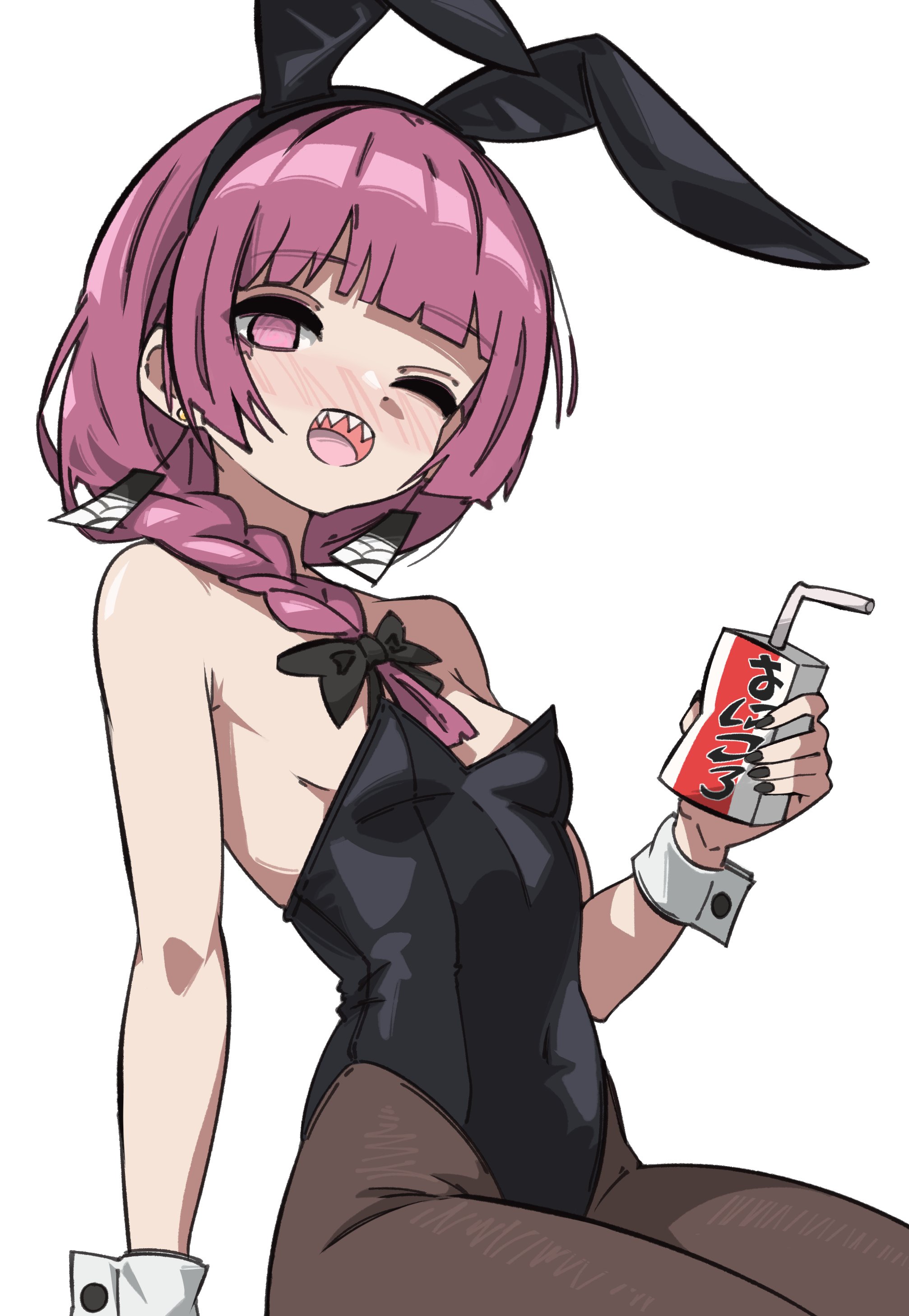 black nails, blunt bangs, bocchi the rock!, braid, breasts, bunny ears, bunny girl, bunnysuit, drunk, fake animal ears, female, ghuler, hiroi kikuri, leotard, looking at viewer, nail polish, painted nails, pantyhose, petite, sharp teeth, sitting, small breasts, thick thighs, thighs, thin waist, wrist cuffs