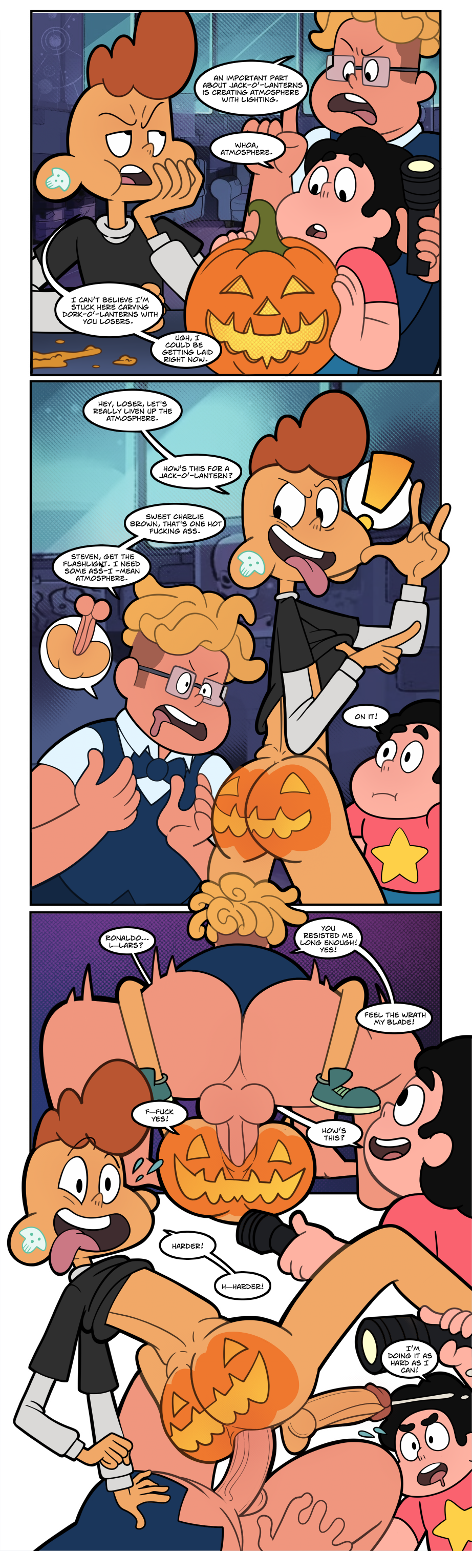 3boys anal ass body_paint comic erection gay halloween iyumiblue lars_barriga male_focus male_only pain penis pumpkin ronaldo_fryman steven_universe thrusting transparent_background watching_sex white_outline yaoi