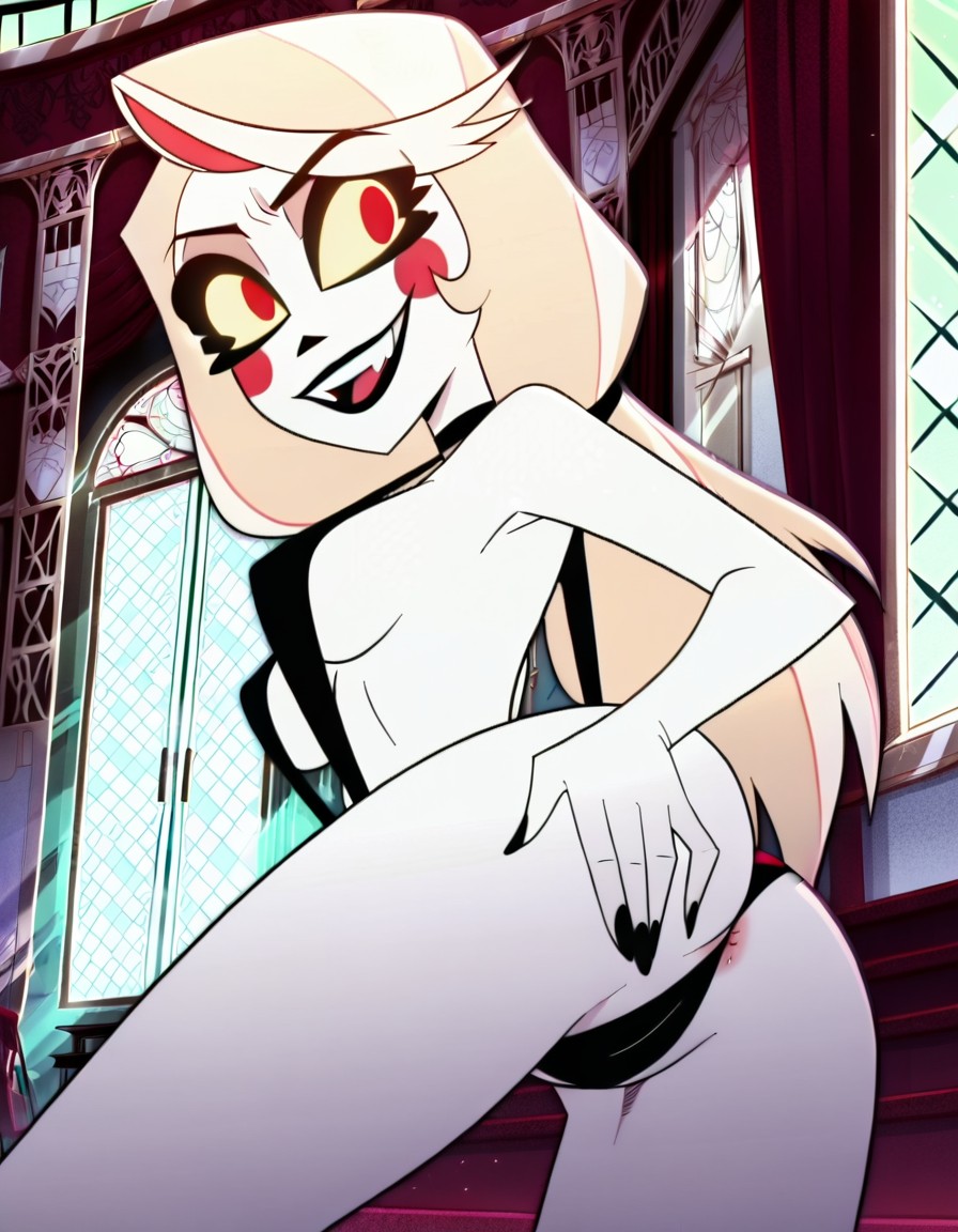 1girls, ai generated, anus, blonde hair, charlie morningstar (hazbin hotel), female, hazbin hotel, humanoid, looking back, red eyes, tagme