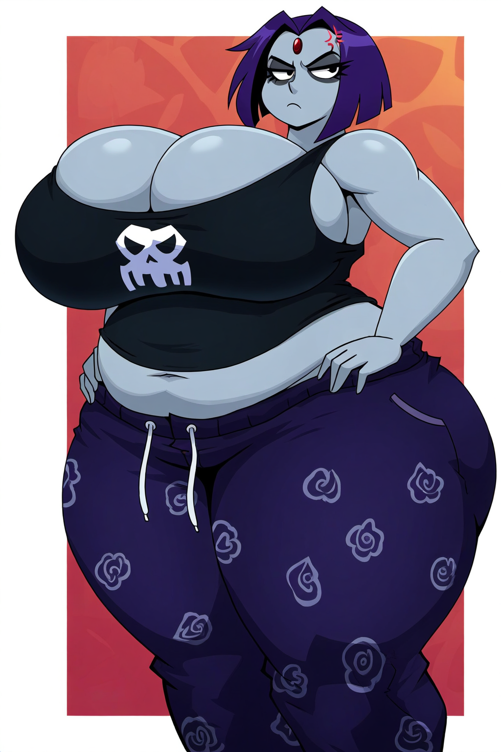 ai_generated annoyed belly breasts_bigger_than_head dc emo huge_ass huge_breasts lubbasdump midriff pajamas purple_hair raven_(dc) solo tank_top teen_titans wide_hips