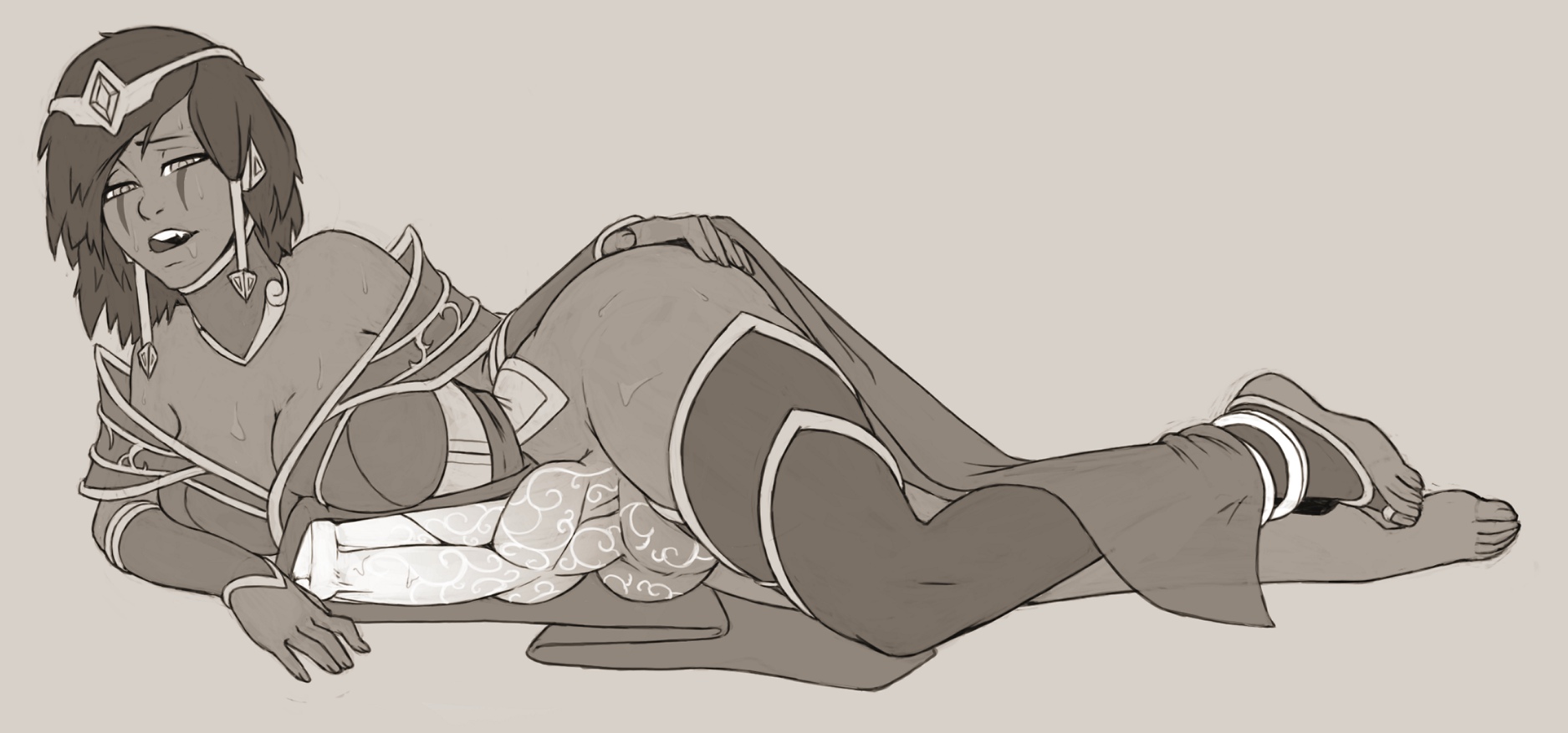 1futa, balls, big penis, breasts, dark skin, dark-skinned futa, demimond23, dickgirl, futa only, futanari, horsecock, hybrid penis, intersex, karma (league of legends), knot, knotted equine penis, large penis, league of legends, looking at viewer, monochrome, penis, riot games