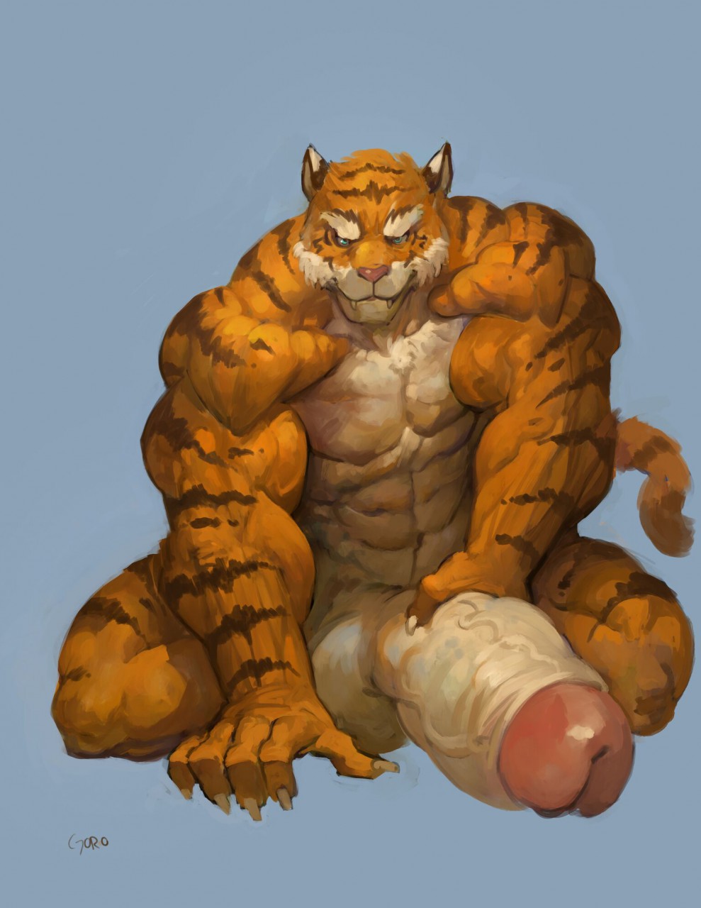 anthro balls big_balls feline goroguro half-erect hand_on_penis huge_balls humanoid_penis hyper hyper_balls hyper_penis kneeling looking_at_viewer male male_only mammal muscular muscular_male nude penis solo tiger uncut vein veiny_penis