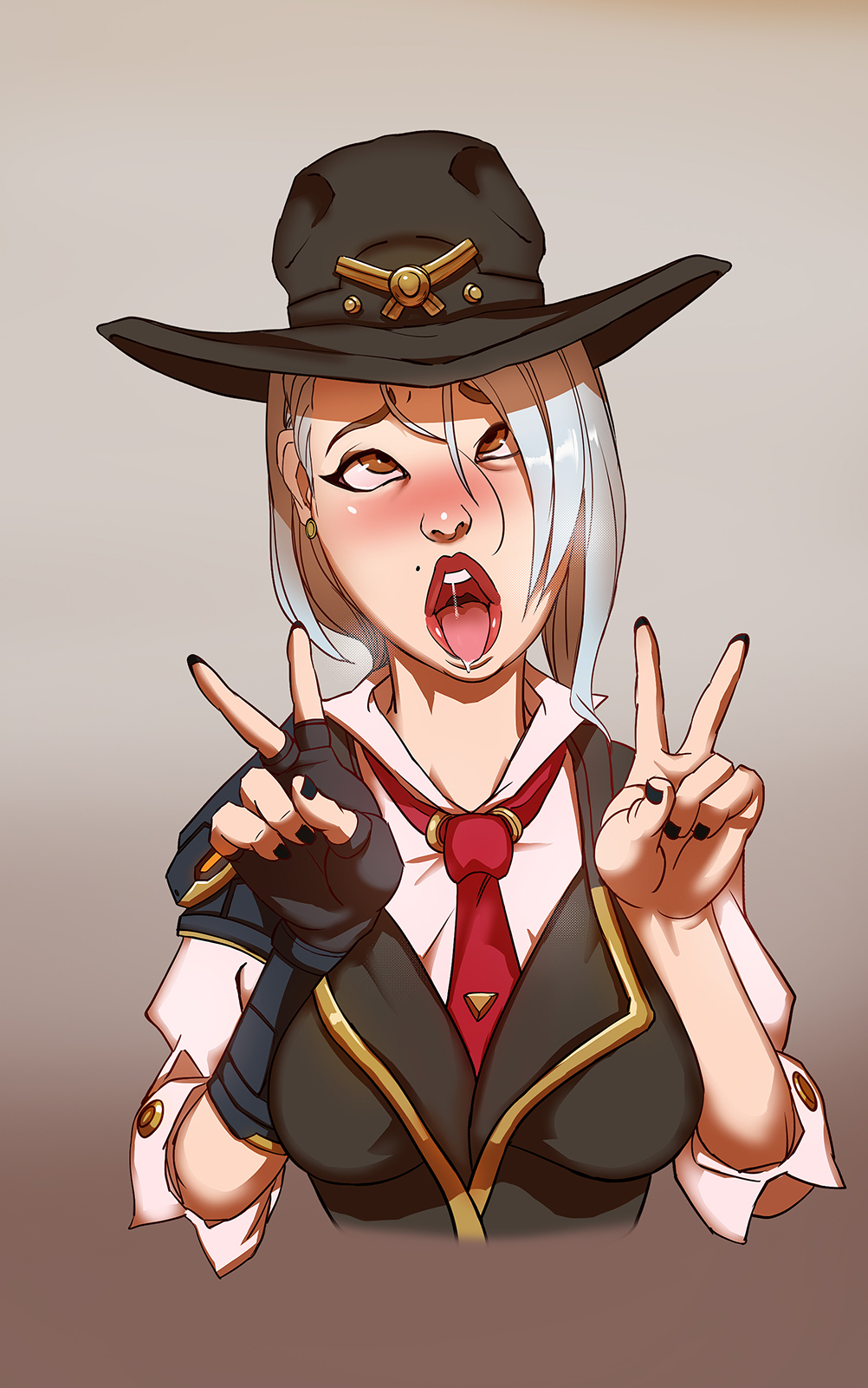 1girls, 2d, ahe gao, ashe (overwatch), blizzard entertainment, blush, cowboy hat, double v, female, female only, gaiidraws, hat, mole above mouth, open mouth, overwatch, red lipstick, solo, tongue, tongue out, v, white hair