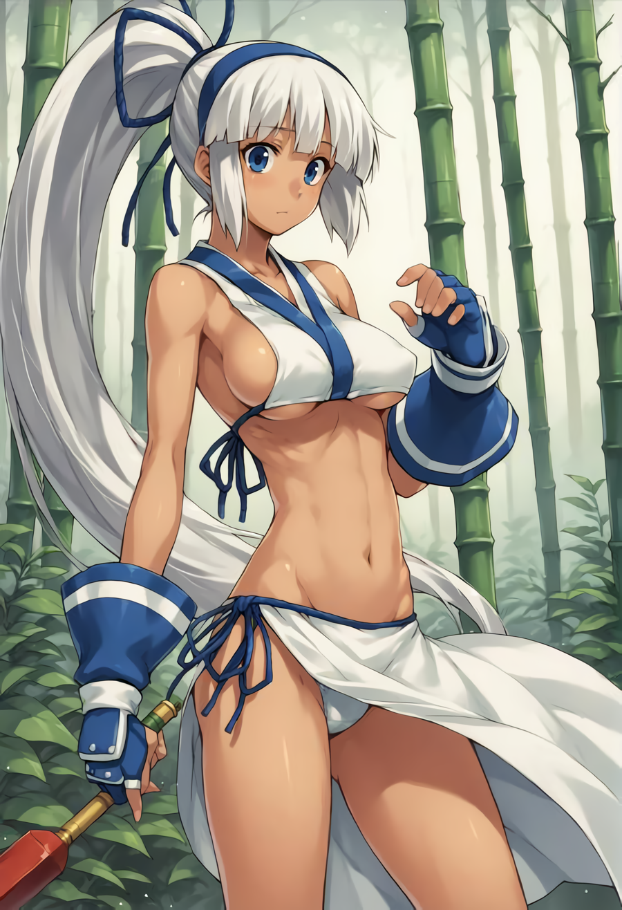 1girls big_breasts bikini blue_eyes busty dark-skinned_female female female_only fingerless_gloves grey_hair hair_ribbon hi_res large_breasts legs long_hair majikina_mina navel ponytail samurai_shodown sarong snk swimsuit thighs underboob voluptuous white_bikini