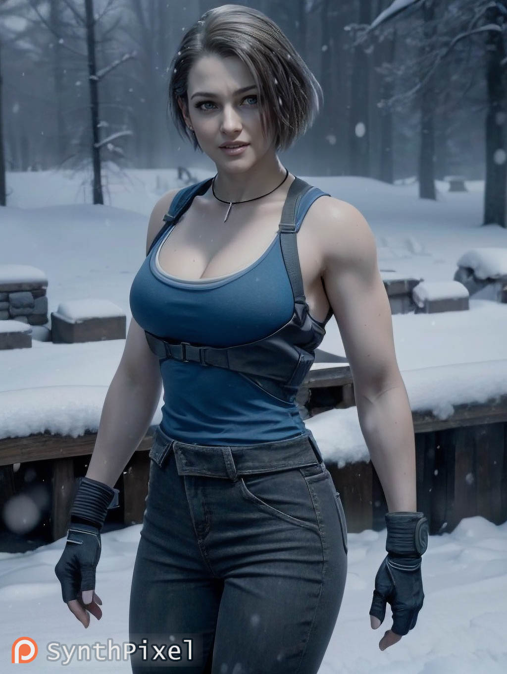 1girls ai_generated blue_eyes blue_tank_top breasts brown_hair cleavage detailed fingerless_gloves gloves hi_res highres jill_valentine large_breasts looking_at_viewer necklace outdoors pants resident_evil resident_evil:_death_island short_hair snow snowing solo synthpixel tank_top