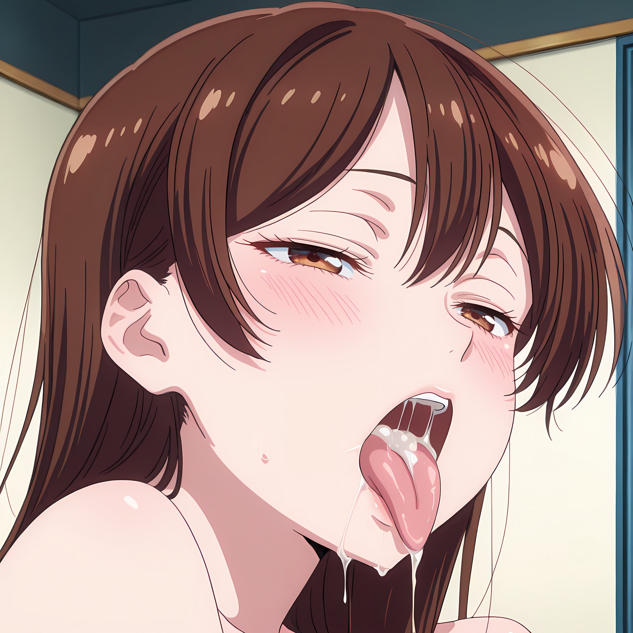 after fellatio, ai generated, brown eyes, brown hair, completely nude, deik0, female, kanojo okarishimasu, long hair, looking at viewer, mizuhara chizuru, nude, open mouth, solo, tongue out