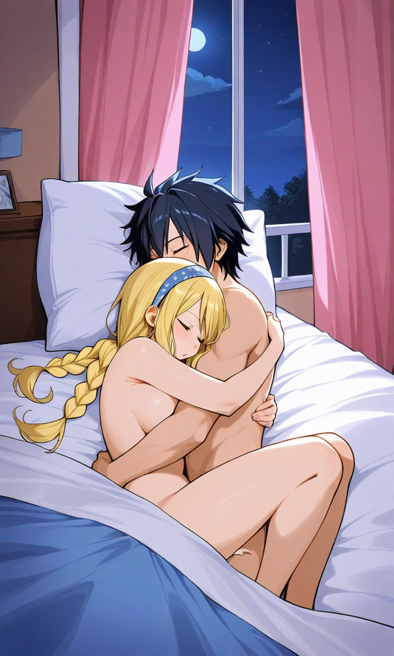 after_sex ai_generated fairy_tail gray_fullbuster low_twin_braids lucy_heartfilia naked romantic_night sleeping_together wholesome