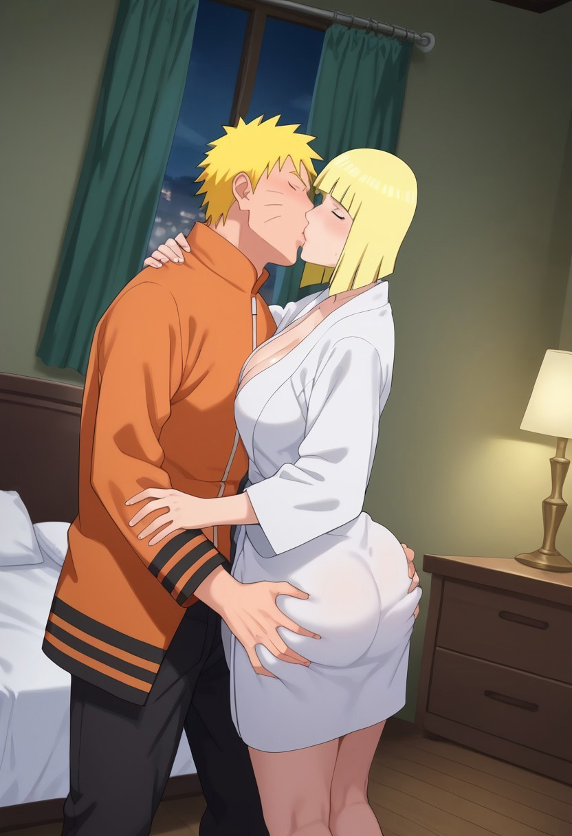 1boy 1girls ai_generated ass_grab bare_legs bathrobe bedroom before_sex big_breasts blonde_hair blue_eyes blunt_bangs blush bob_cut boruto:_naruto_next_generations breasts breasts_bigger_than_head bubble_butt cheating cheating_husband cleavage closed_eyes facial_mark facial_markings female high_resolution huge_breasts imminent_sex indoors jacket kissing large_breasts looking_pleasured lovers making_out male milf naruto naruto_(series) naruto_shippuden ntr nude pants pony_diffusion_xl samui self_upload short_hair shounen_jump shueisha standing straight sweat uzumaki_naruto voluptuous voluptuous_female walking whisker_markings yellow_hair