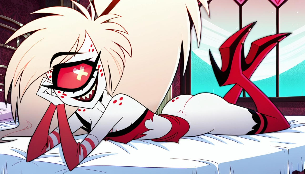 1 eye, ai generated, ass, cherri bomb (hazbin hotel), demon, female, freckles, freckles on ass, freckles on face, freckles on shoulders, hazbin hotel, looking at viewer, no bra, no panties, on bed, pantsless, tagme, white skin