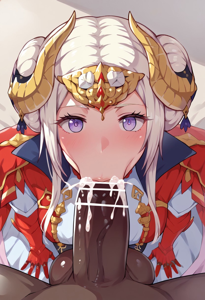 1boy 1girls absurdly_large_cock ai_generated big_balls big_penis blowjob blush boris_(noborhys)_(style) civitai cum cum_in_mouth dark-skinned_male dress edelgard_von_hresvelg fake_horns fellatio female femsub fire_emblem fire_emblem:_three_houses gauntlets hair_buns huge_balls huge_cock hyper_balls interracial large_breasts light-skinned_female male maledom massive_cock medium_hair netorare nintendo purple_eyes red_dress red_gauntlets surprised tiara veiny_penis white_hair