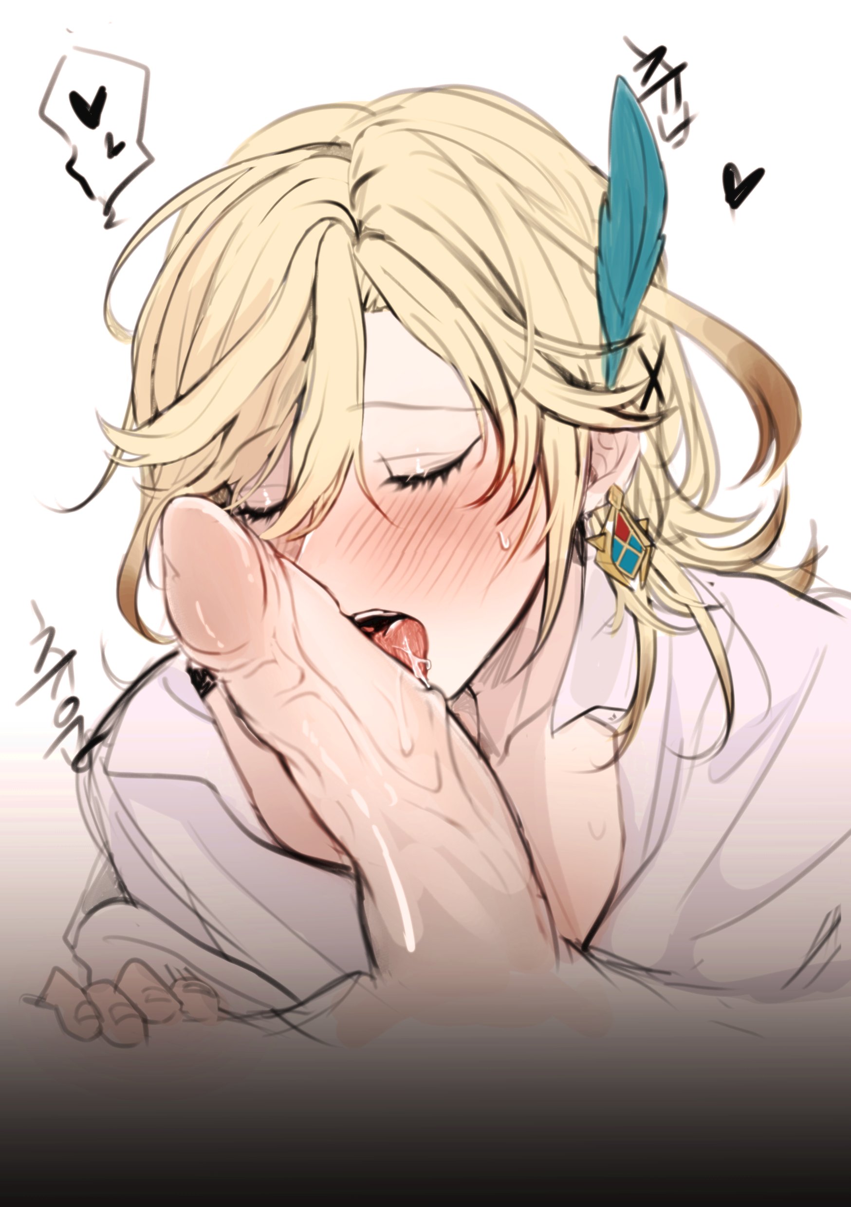 2boys, big penis, blonde hair, blowjob, blush, blush lines, closed eyes, drool, eyelashes, gay, genshin impact, heart, jjyan sin, kaveh (genshin impact), licking, licking penis, long penis, looking at viewer, male, male/male, open mouth, penis, penis out, red eyes, sweatdrop, thick penis, tongue, tongue out, vein, veiny penis, yaoi