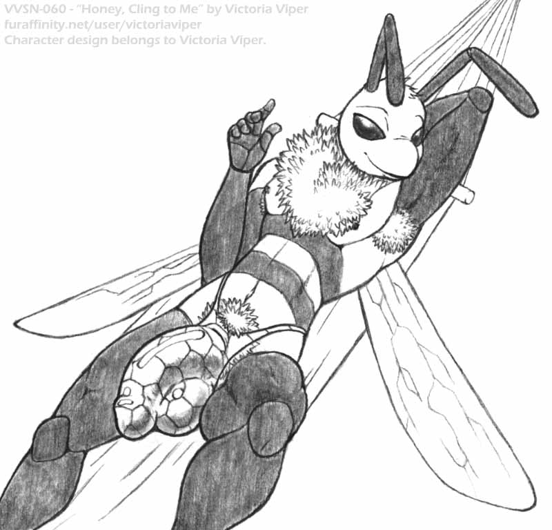 1boy 5_fingers antennae anthro arm_behind_head armpit_hair bedroom_eyes bee bulge bushy_pubes femboy half-erect hammock hirsute huge_balls huge_cock insects looking_at_viewer male male_only monochrome navel neck_tuft pencil_(artwork) penis_outline praxton_hao smile solo thong traditional_media_(artwork) twink victoria_viper wings