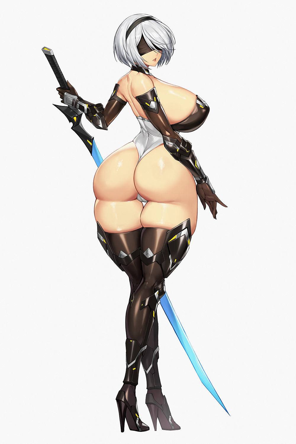 1girls alternate_version_available ass ass_focus back_view backboob blindfold breasts cameltoe green_eyes gurimjang gynoid high_heels huge_ass huge_breasts leotard looking_back nier:_automata plump robot robot_girl short_hair silver_hair skindentation solo solo_female solo_focus sword thick_thighs weapon white_background wide_hips yorha_2b