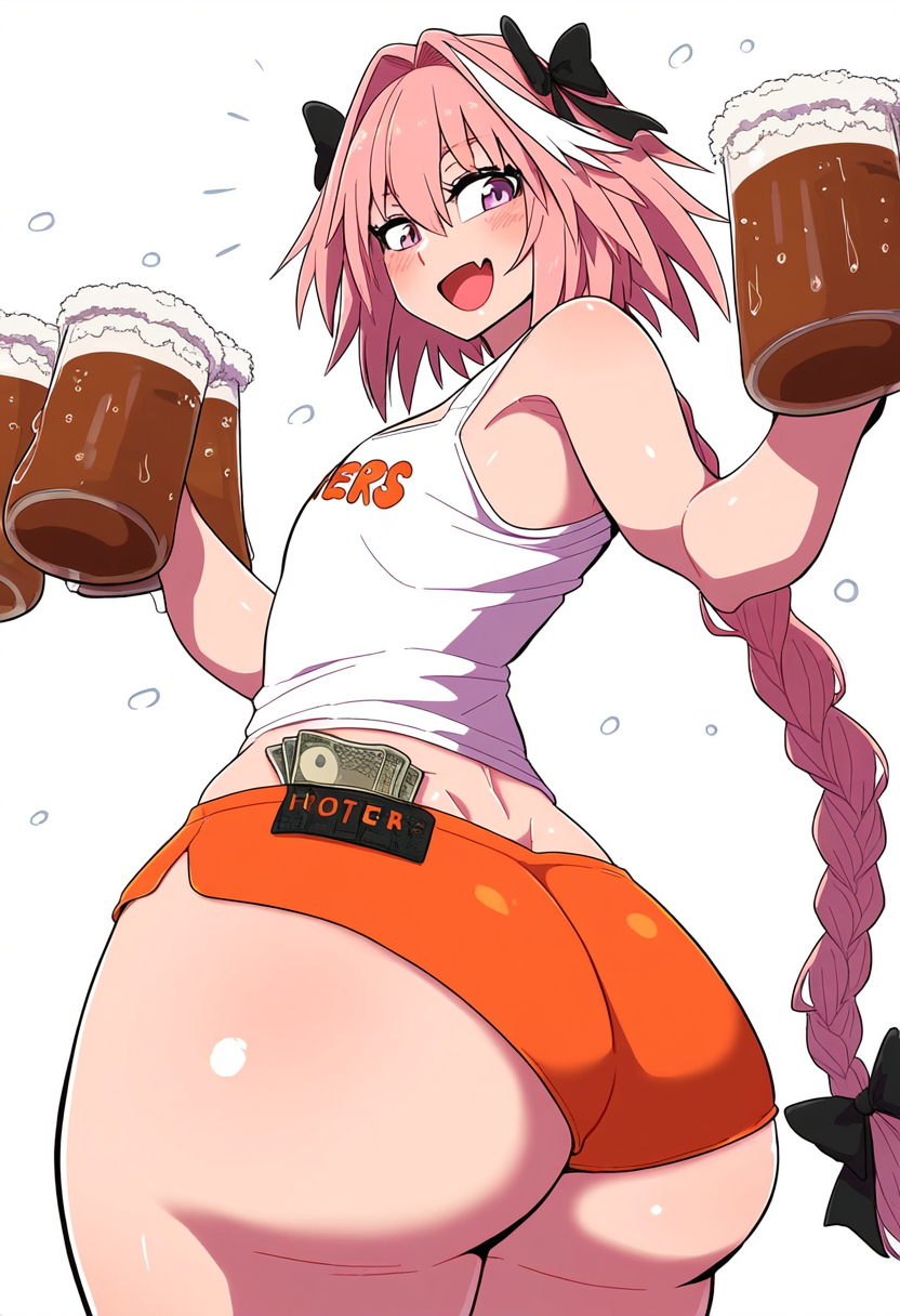 ai_generated alcohol ass ass_focus astolfo_(fate) beer beer_mug big_ass big_butt blush facing_away fate_(series) femboy femboy_hooters hair_ribbon highres hooters hooters_uniform long_hair looking_at_viewer male male_only money money_under_clothes nai_diffusion orange_shorts pink_eyes pink_hair ponytail rubycks short_shorts shorts smile smiling solo solo_focus solo_male tank_top trap white_background white_tank_top