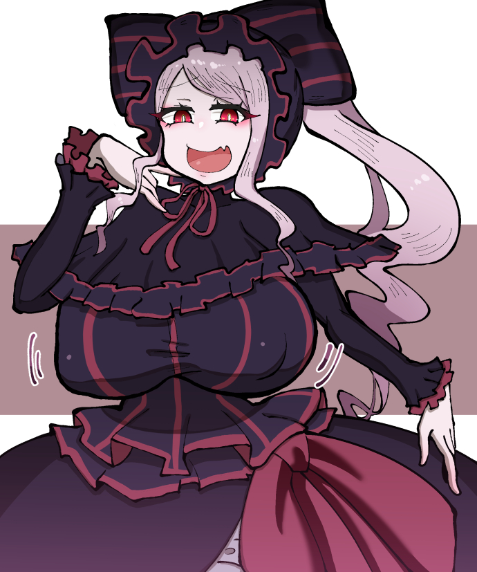 1girls, big breasts, breast focus, breasts, clothing, cute fang, dress, female, female only, fully clothed, gothic lolita, huge breasts, long hair, looking at viewer, mal3n, open mouth, overlord (maruyama), red eyes, shalltear bloodfallen, slit pupils, solo, solo female, tagme, vampire, vampire girl, white hair