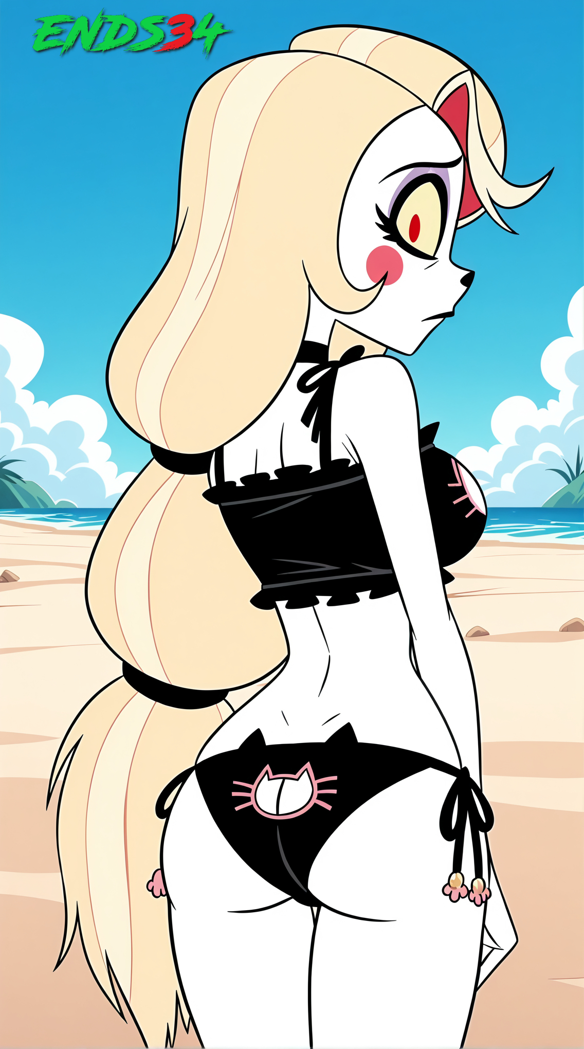 2025, ai generated, ass, ass focus, beach, blonde hair, breasts, charlie morningstar (hazbin hotel), ends34, female, female focus, hazbin hotel, long hair, medium breasts, red eyes