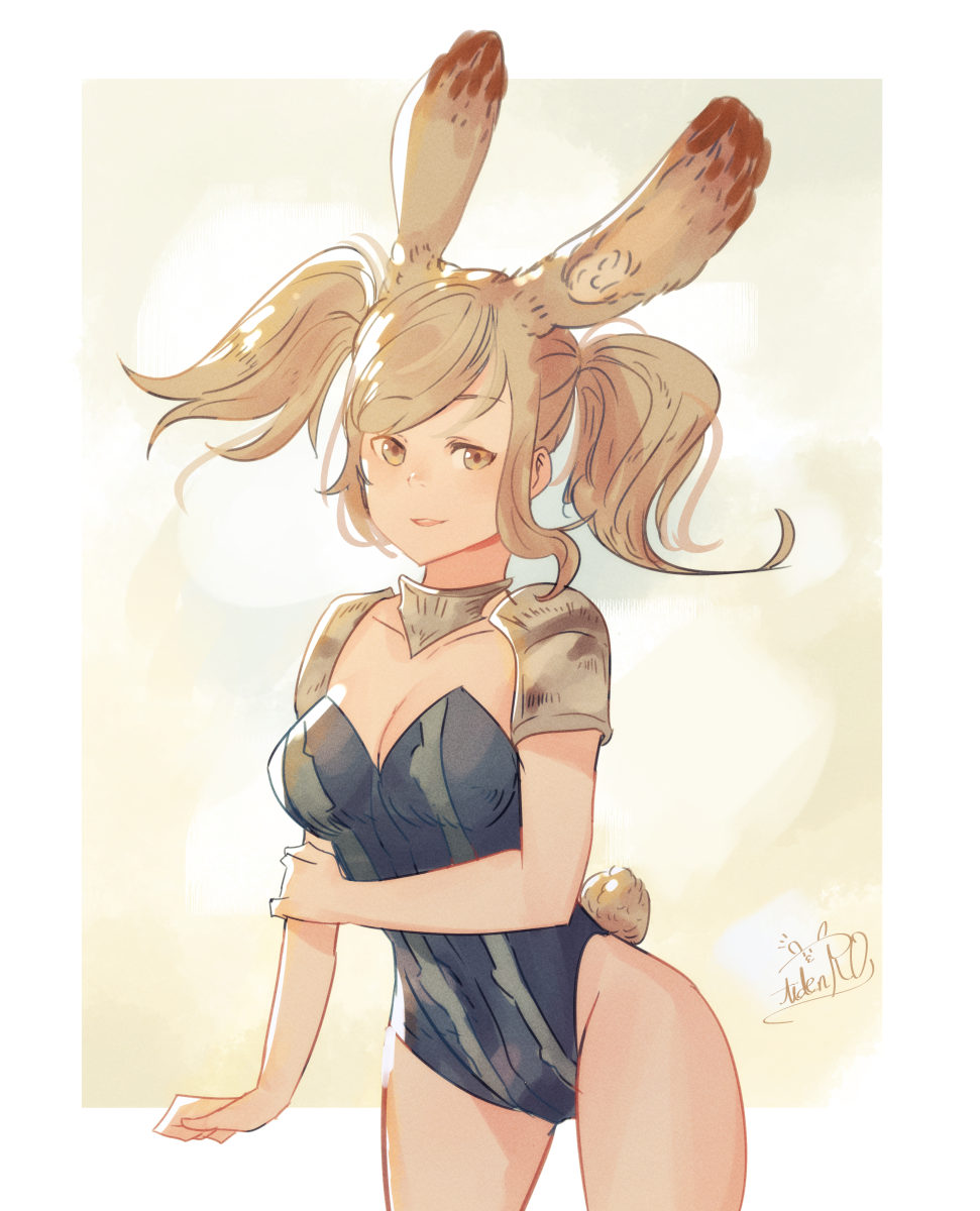 1girls alternate_costume animal_ear_fluff animal_ears arm_at_side armor artist_name blonde_hair blue_leotard blush border breasts cleavage collarbone covered_navel cowboy_shot cynthia_(fire_emblem) female female female_only fire_emblem fire_emblem_awakening groin hand_up happy highres holding_own_arm leotard light_blush medium_breasts medium_hair nintendo open_mouth outside_border playboy_bunny rabbit_ears rabbit_girl rabbit_tail short_tail shoulder_armor sidelocks signature smile solo spindle_(aidenr0) standing strapless strapless_leotard swept_bangs tail thighs twintails white_border yellow_eyes