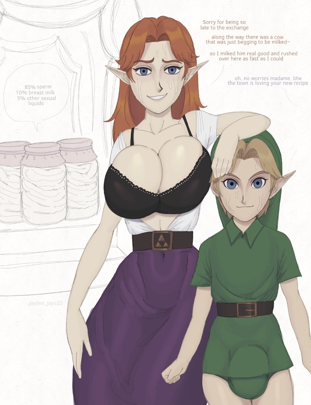 big_breasts blonde blonde_hair bra bulge_through_clothing busty cremia cum_jar hylian hylian_ears jar jayden_jayo22 link malon milk_jar prank red_hair size_difference suspicious suspicious_looking_liquid sweat sweating sweaty the_legend_of_zelda triforce triforce_mark triforce_symbol young young_link