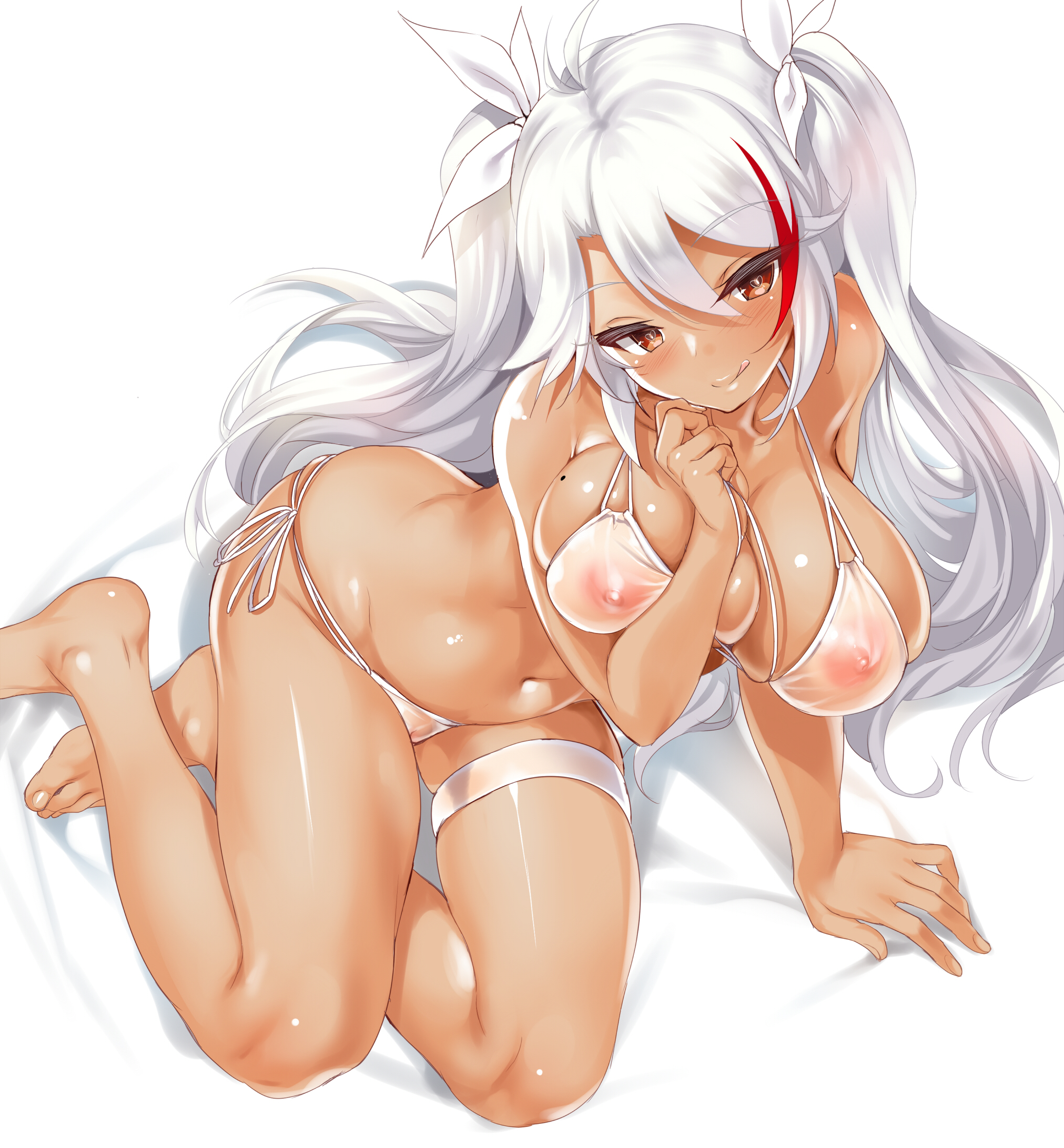 antenna hair, azur lane, bangs, bare shoulders, barefoot, bikini, blush, breasts, brown eyes, cle masahiro, cleavage, collarbone, covered nipples, eyebrows visible through hair, fantia reward, feet, female, hair between eyes, hair ribbon, highres, hips, large breasts, legs, licking lips, long hair, looking at viewer, mole, mole on breast, multi-strapped bikini, multicolored hair, navel, nipples, paid reward, prinz eugen (azur lane), ribbon, see-through, side-tie bikini, silver hair, simple background, sitting, smile, solo, streaked hair, swept bangs, swimsuit, thigh strap, thighs, tongue, tongue out, two side up, waist, white background, white bikini, white ribbon
