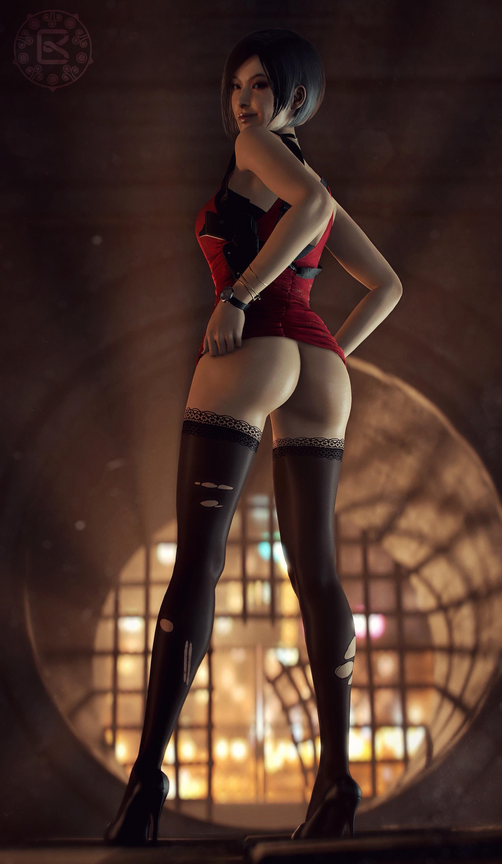 1girls, ada wong, ada wong (adriana), asian, asian female, ass, ass exposed, ass focus, black hair, bob cut, bomyman, choker, dress, dress lifted by self, female only, high heels, hourglass figure, hourglass figured female, looking at viewer, looking back, paag, partially clothed, partially clothed female, petite, petite body, red dress, resident evil, resident evil 2, resident evil 2 remake, ripped stockings, seductive, seductive look, seductive smile, short hair, smirk, smirking, smirking at viewer, stockings, torn stockings