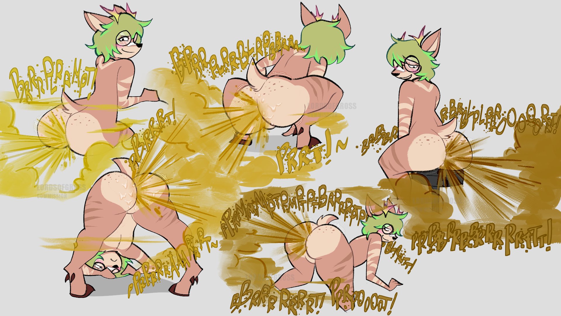 antlers, ass, ass up, bandage, bandage on nose, bare ass, blush, brown fart, deer, fart, fart cloud, fart fetish, featureless crotch, femboy, freckles, freckles on ass, gas, gassy, gassy male, glasses, green fart, green hair, hooves, looking at viewer, lordsofgross (artist), male, male only, markings, nude, nude male, short tail, sweat, sweatdrop, sweaty ass