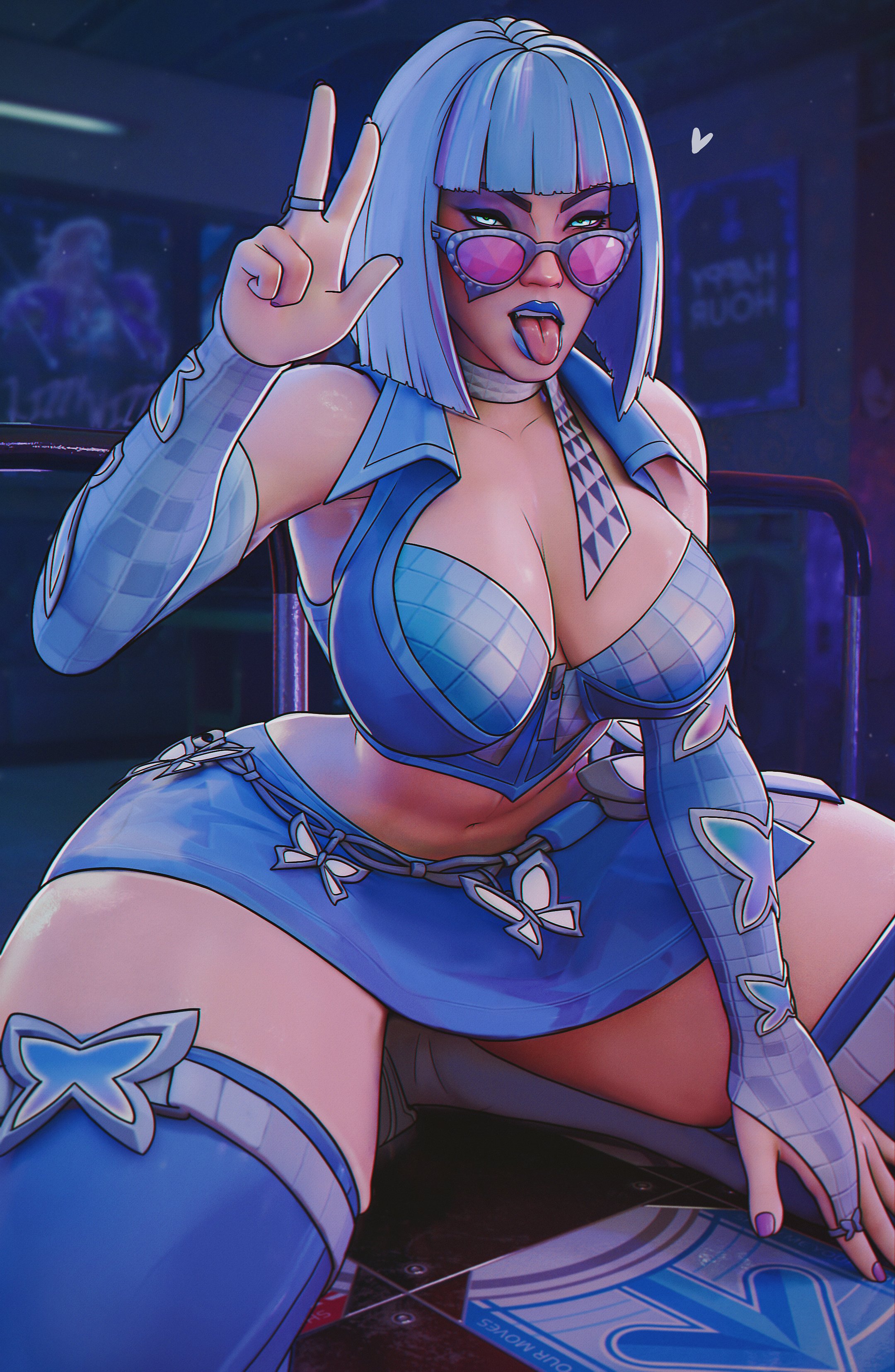 1girls, 3d, blue eyes, blue hair, bob cut, choker, female, female only, glasses, hi res, looking over eyewear, looking over sunglasses, marvel, marvel rivals, miniskirt, psylocke, psylocke (marvel rivals), psylocke (psychedelic pulse), sfrinzy, solo, solo female, spread legs, sunglasses, thighs, tinted eyewear, white hair