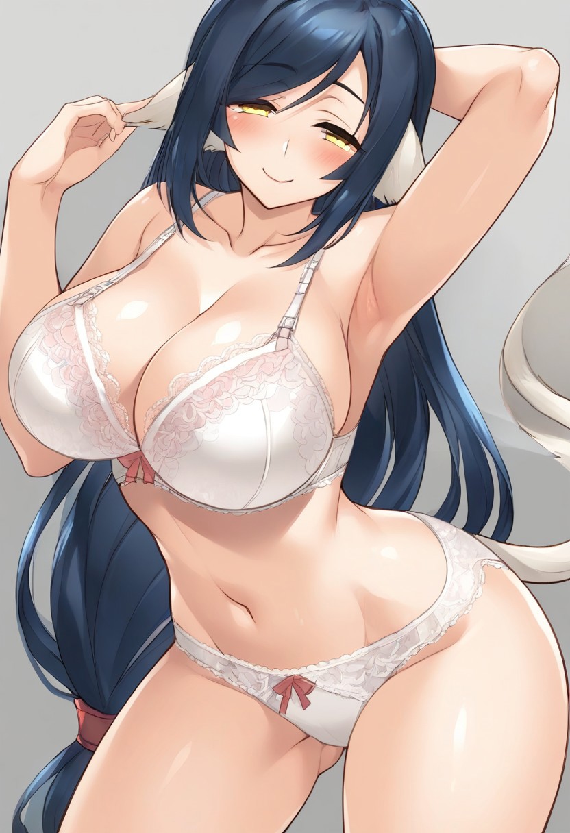 animal_ears arched_back blush bra breasts collarbone dark_blue_hair gastkeser82 half-closed_eyes kuon_(utawarerumono) large_breasts leaning long_hair looking_at_viewer navel panties smile stomach tail thick_thighs tied_hair utawarerumono voluptuous white_bra white_panties wide_hips yellow_eyes